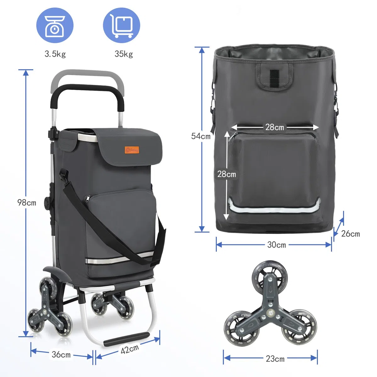 Sekey Carrello della Spesa Pieghevole con Funzione Saliscale, Carrello 3 in 1 con Borsa a Tracolla e 3 Ruote, Trolley Ideale per Anziani, Spesa e Campeggio – Grigio