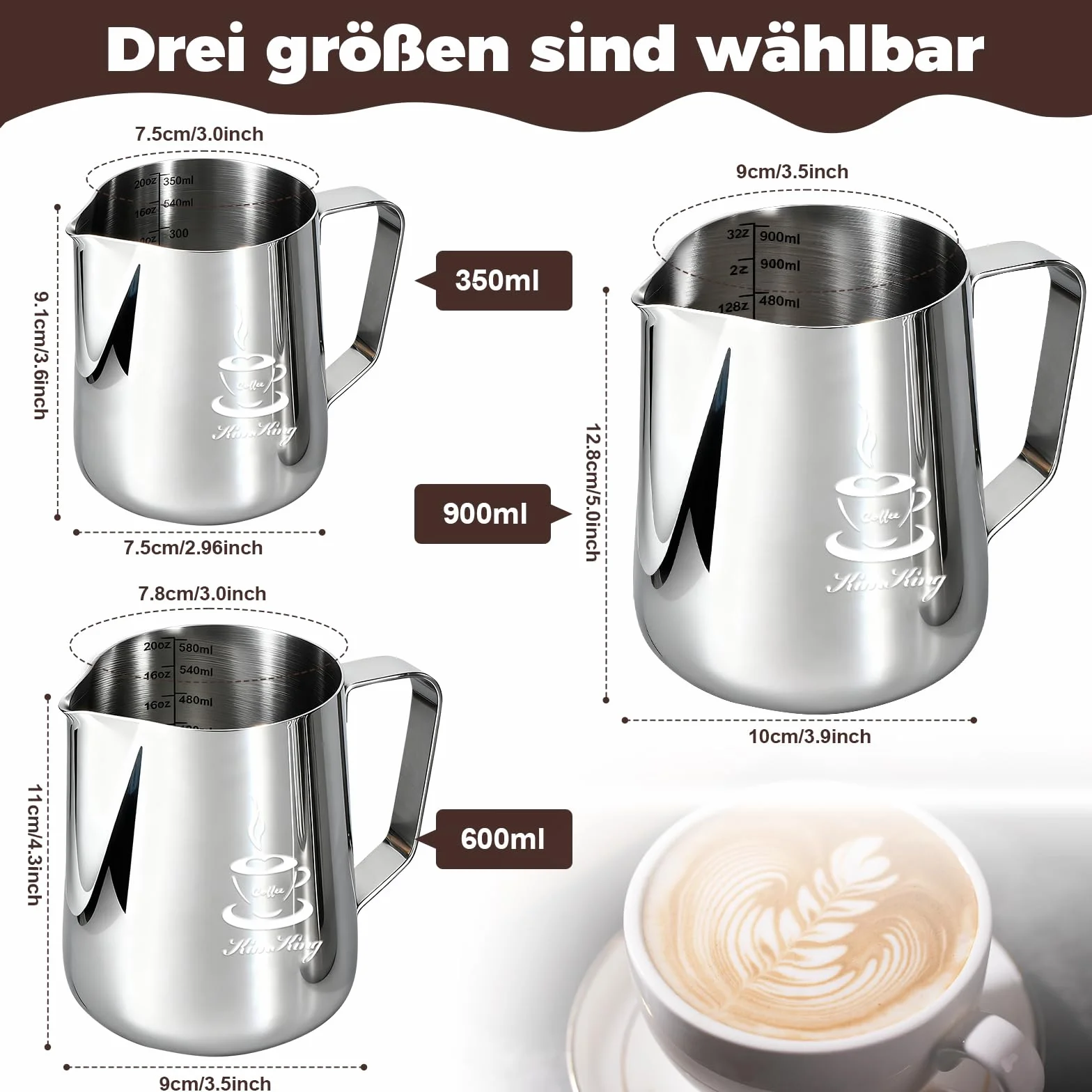 KimKing Lattiera per cappuccino in Acciaio Inox Lattiera Latte Art Silve 60 cl
