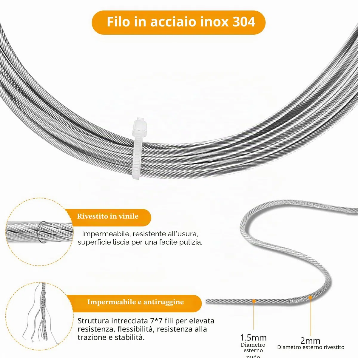 Cavo Acciaio per Tende, 5 Metri Filo in Acciaio Inox, Corda di Tensionamento, Cavo Stendibiancheria Metallico per Esterno Tenda Quadri Bucato