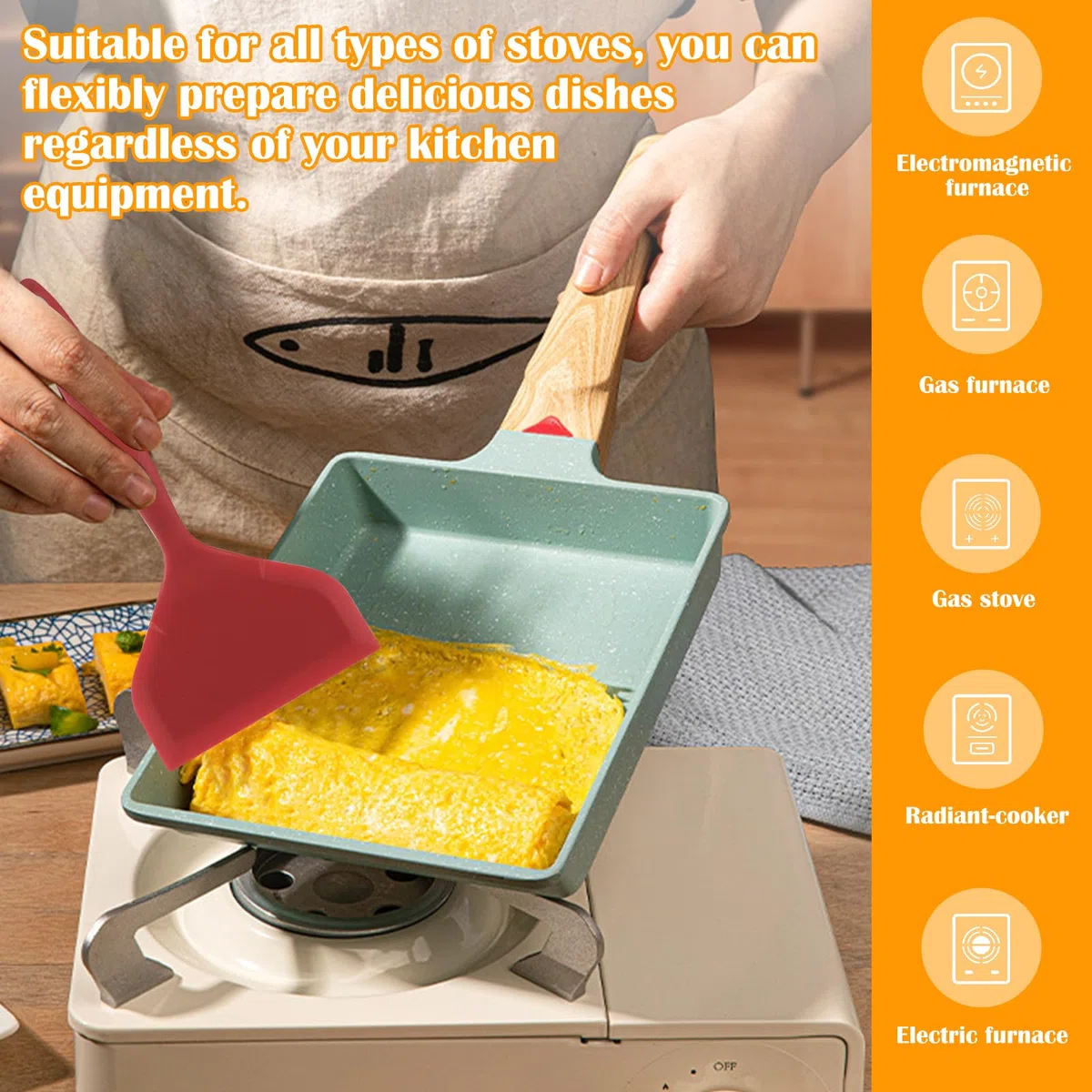 Padella per frittata giapponese, Tamagoyaki con spatola in silicone e pennello, antiaderente per omelette giapponesi, per tutti i piani cottura, verde, 16 x 20 cm