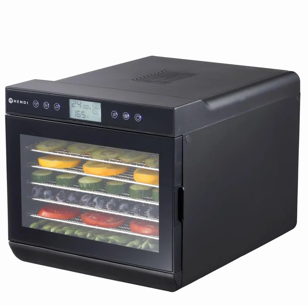 HENDI Essiccatore alimentare, con 7 vassoi, disidratatore elettrico per frutta e verdura, 24 ore timer, temperatura regolabile 35°-70°C, 230V, 500W, 345x450x(H)315mm, acciaio inox, PP