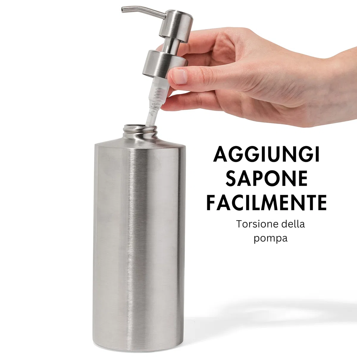 Yew Design dispenser di sapone in acciaio inox argento per bagno e lavello da cucina, ricaricabile, 450 ml, pompa rotonda in acciaio inox per sapone, detergenti, lozioni e piano di lavoro