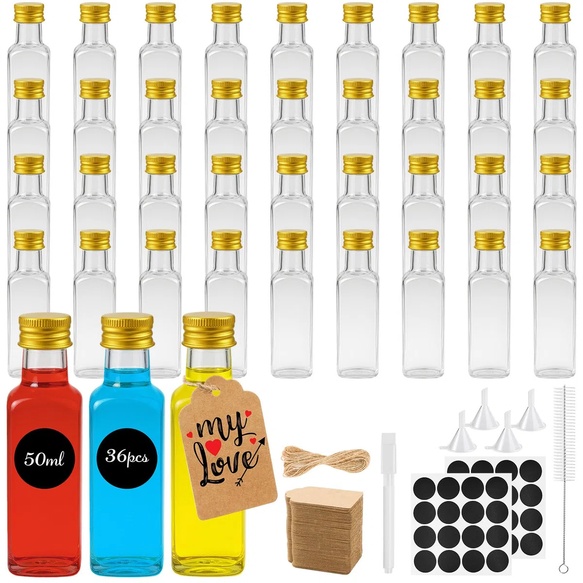 36 Pezzi Mini Bottiglie Per Liquore, 50ml Bottigliette Liquore Mignon, Riutilizzabili Bottiglie Vuote di Plastica con Tappi a Vite, Etichette, Spago e Imbuto per Zenzero, Succo, Bevande
