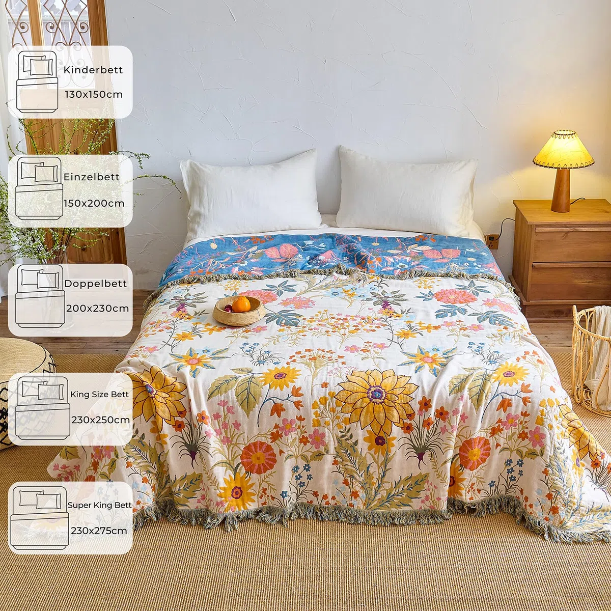 HOORDRY Copriletto boho in 100% cotone, 230 x 250 cm, double face, grande coperta per divano con nappe, di alta qualità, decorativa morbida, adatta come copriletto, copridivano o coperta per TV, beige