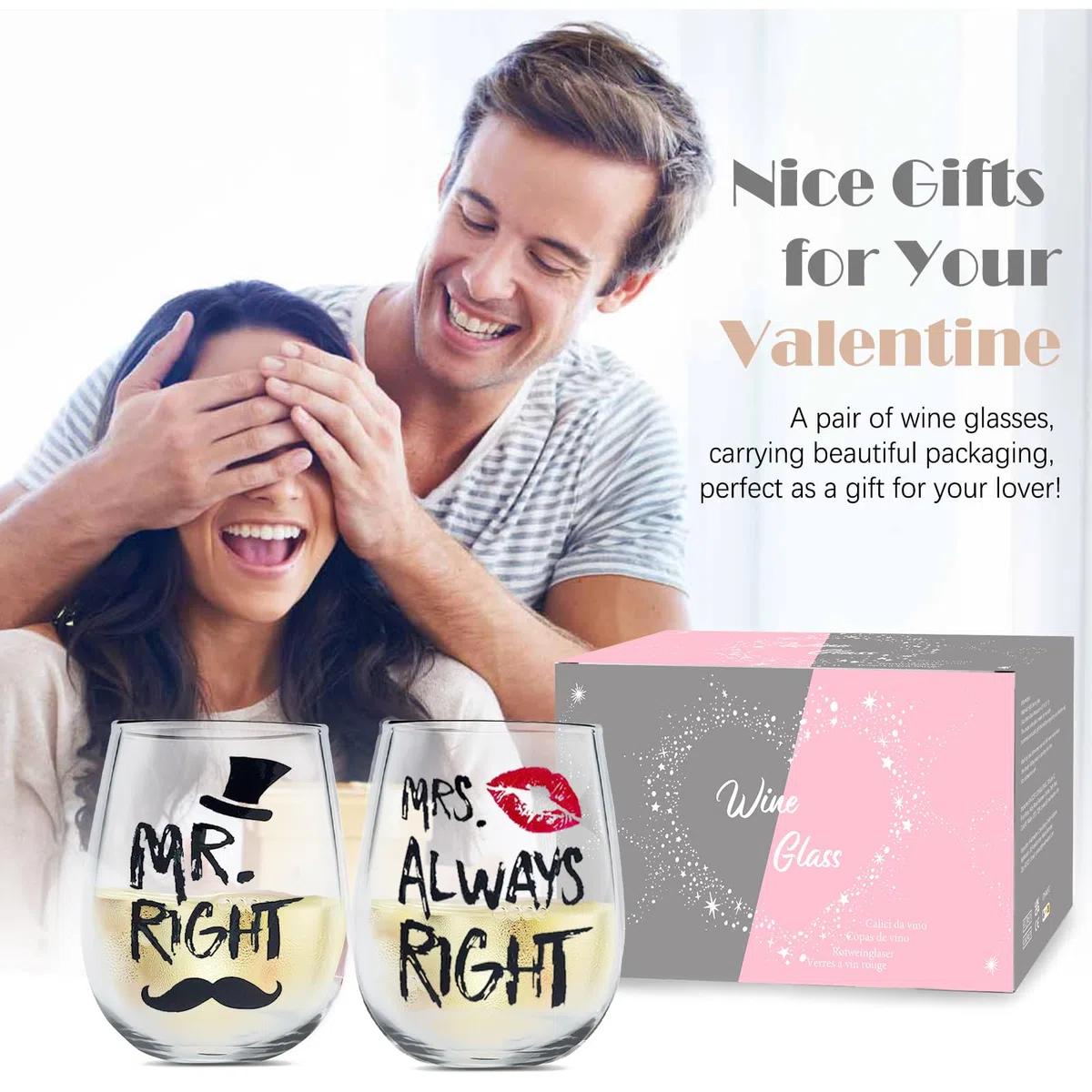 Mr Right e Mrs Always Right bicchieri da vino per coppie, regalo di coppia, regali di nozze per la sposa e lo sposo, regalo di fidanzamento, set di bicchieri da vino senza stelo