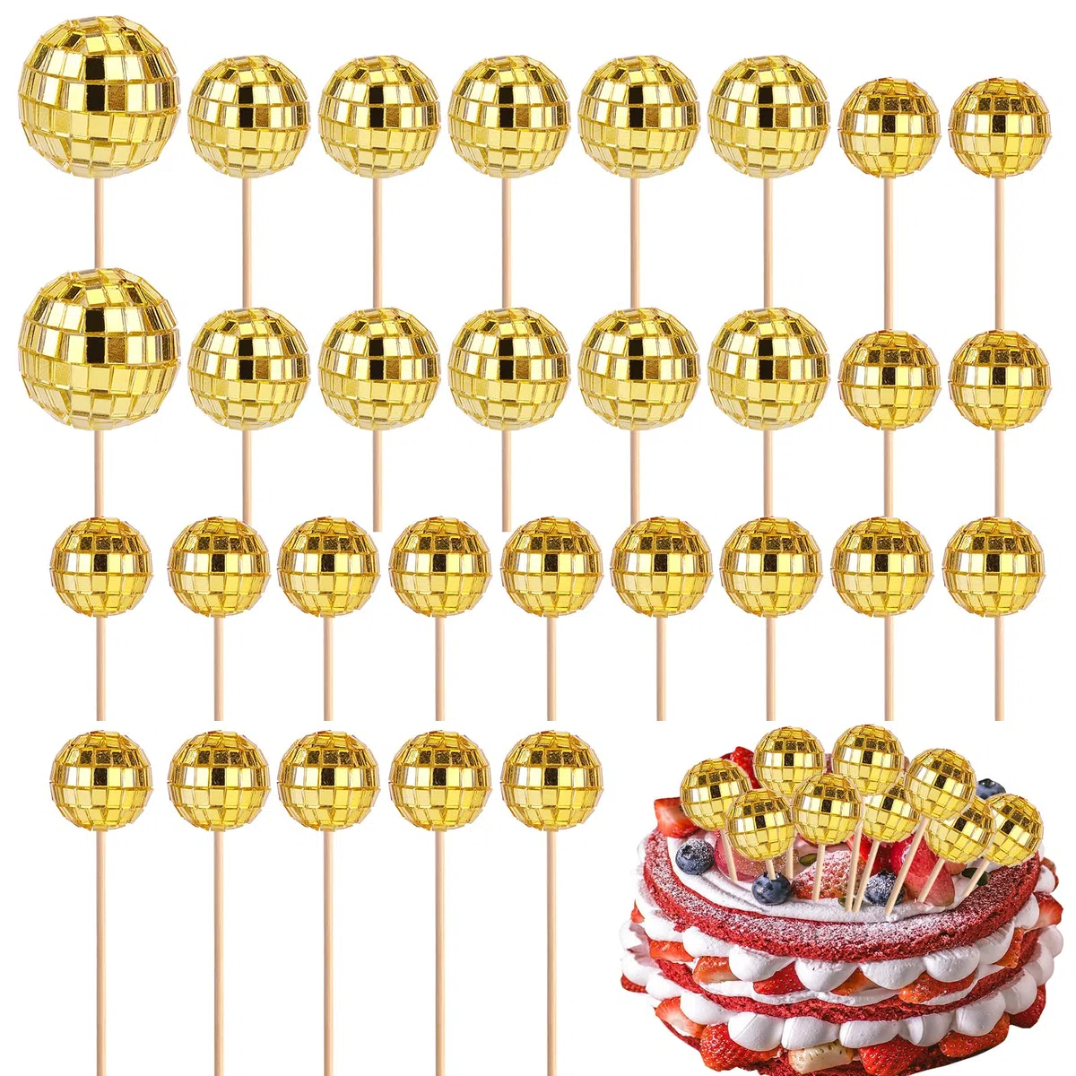 30pz Disco Ball Topper per Cupcake, Mini Toppers per Torta a Tema Discoteca con Bastoncini palla da Discoteca Torta Decorazioni per Cupcake Accessori per Dessert Festa in Discoteca (Oro)