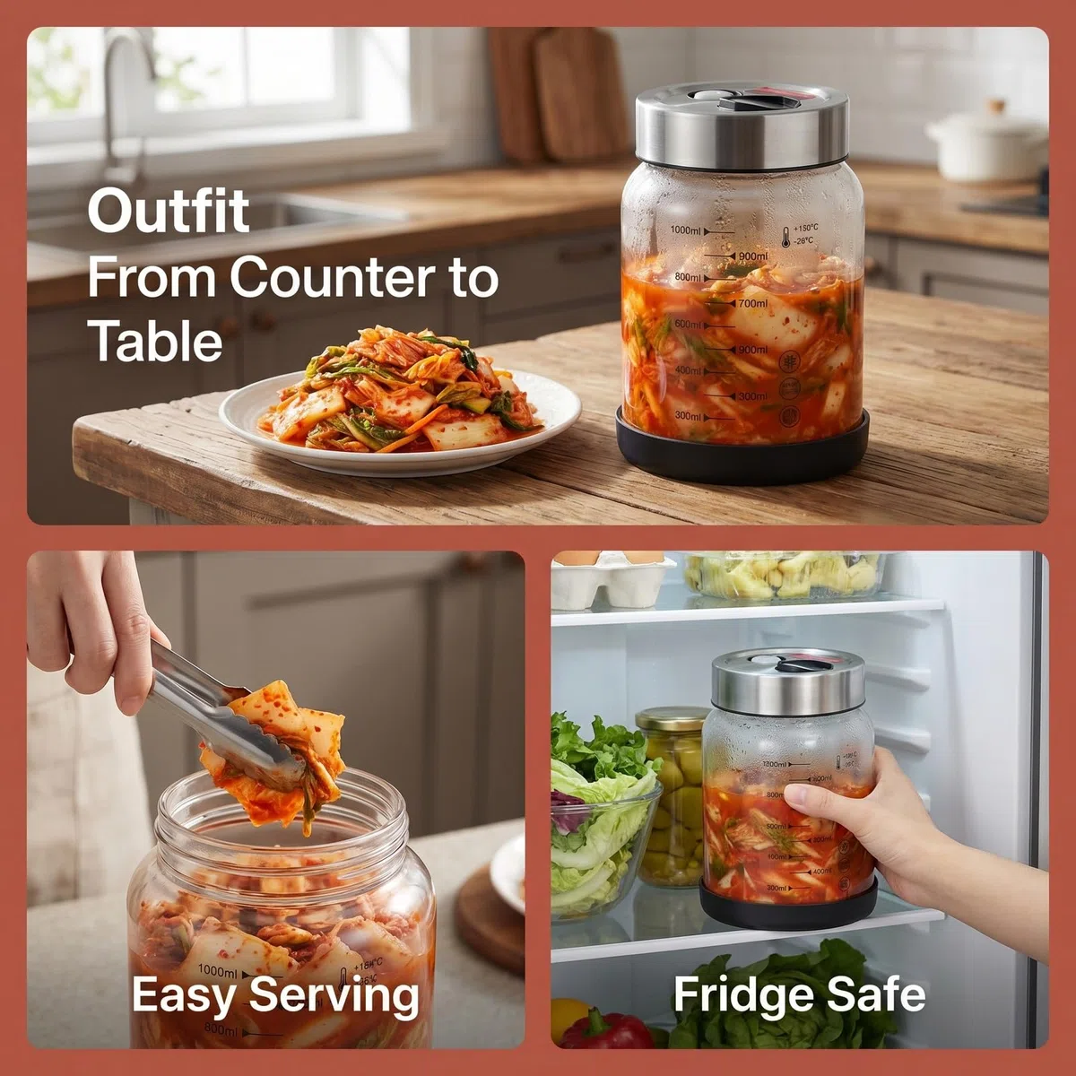 Barattolo per Fermentazione con Coperchio,1L Vaso per Sottovuoto Adatto alla Bollitura,Valvola di Sfiato,Barattolo per Crauti,Contenitore per Kimchi,Vasetto per Cetioli per Crauti,Kimchi,Cetioli