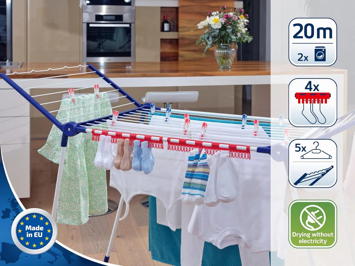 Leifheit Pegasus 200 Solid Stendibiancheria con accessori, Stendino allungabile 20m spazio totale, stendibiancheria estensibile con grucce e supporti [Amazon Exclusive]