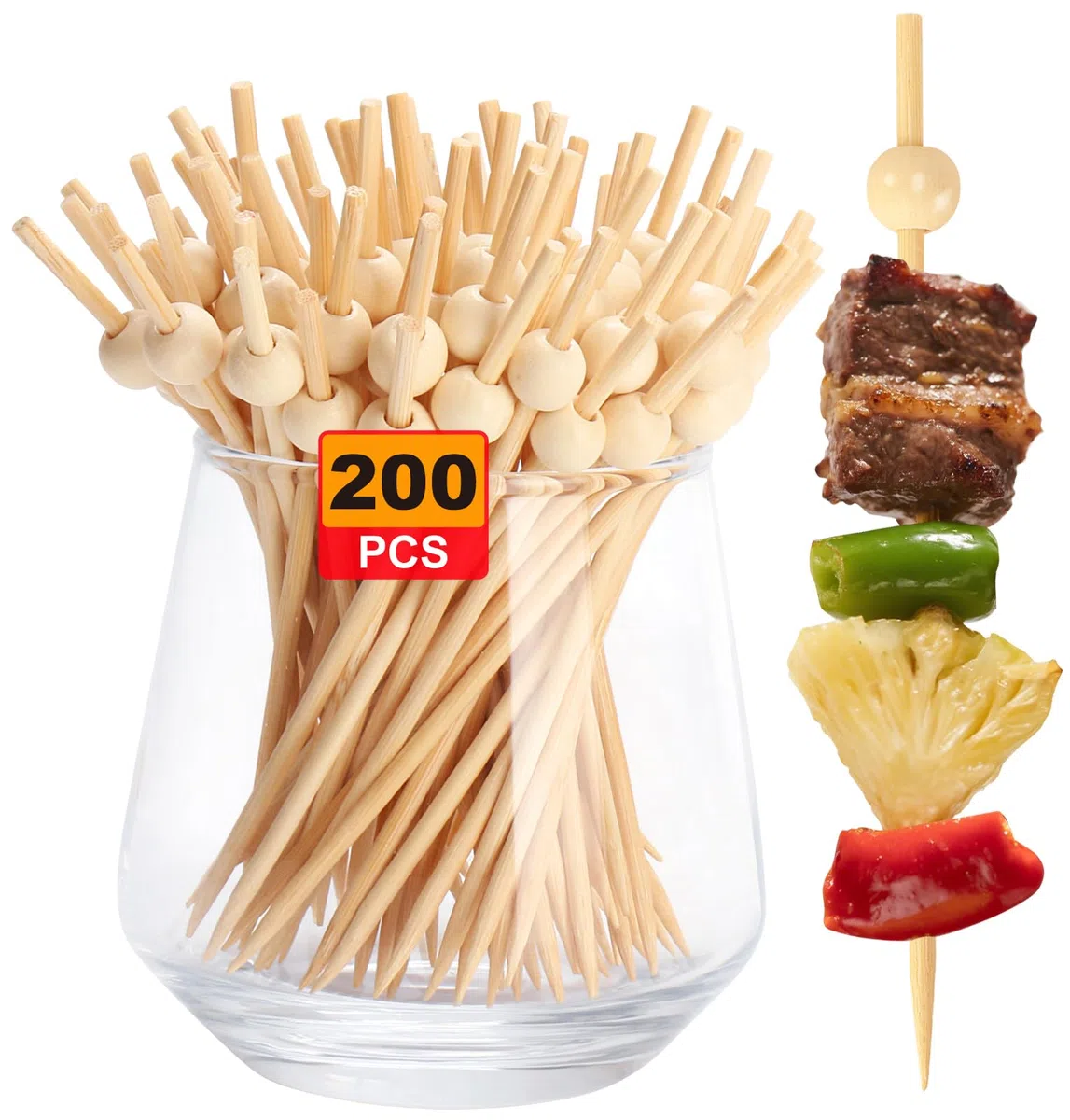 200PCS Cocktail Picks, Natural Fancy Toothpicks for Appetizers, Wooden Ball Bamboo Skewers for Appetizers, 4.7 IN Long Decorative Cocktail Sticks for Drinks Food Party Charcuterie Boards Accessories