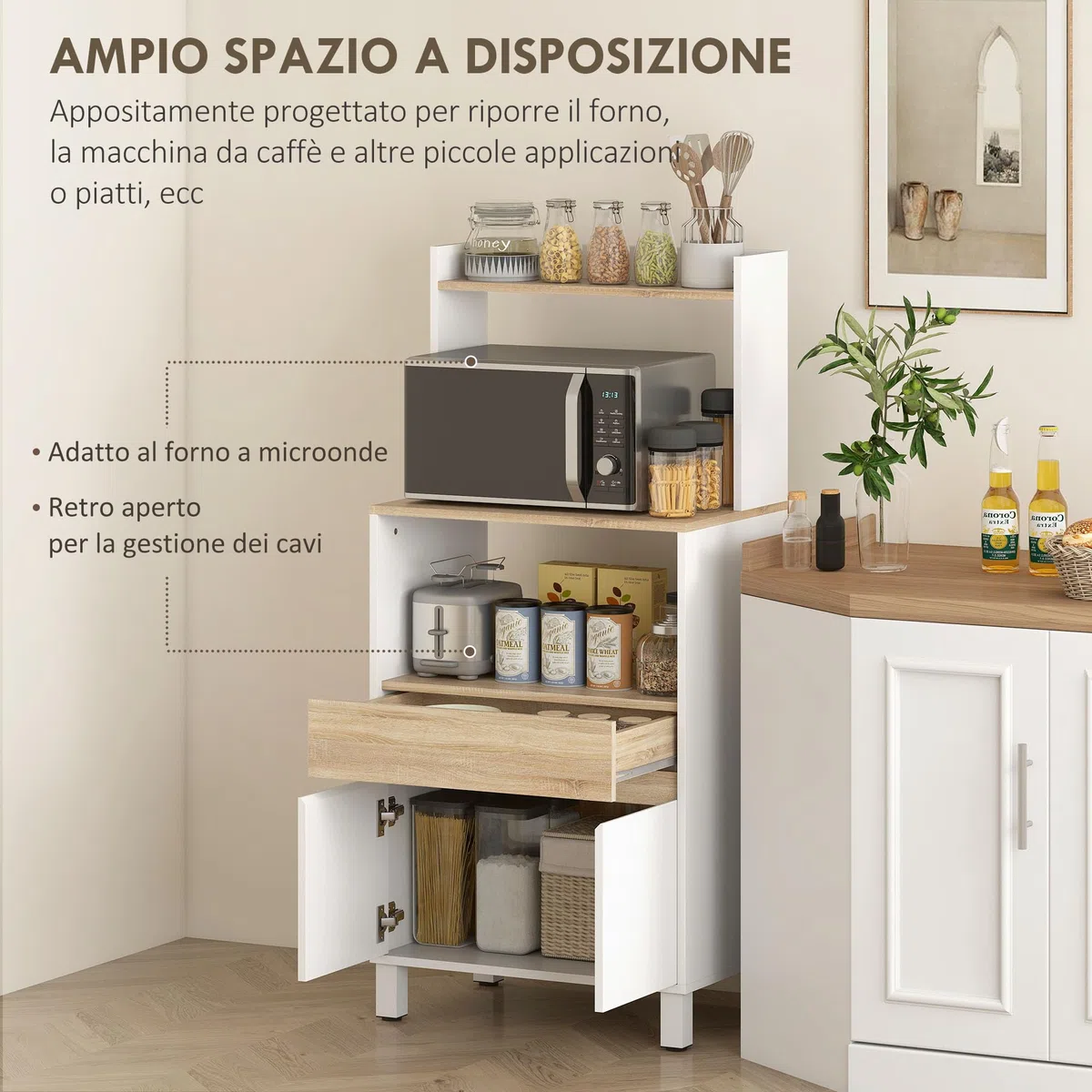 HOMCOM Mobile Microonde con Armadietto a 2 Ante Soft Close, Credenza Cucina Microonde con Cassetto, Piano per Elettrodomestici, Scaffale Superiore, Ripiano Aperto, per Soggiorno, 60x40x131cm, Bianco