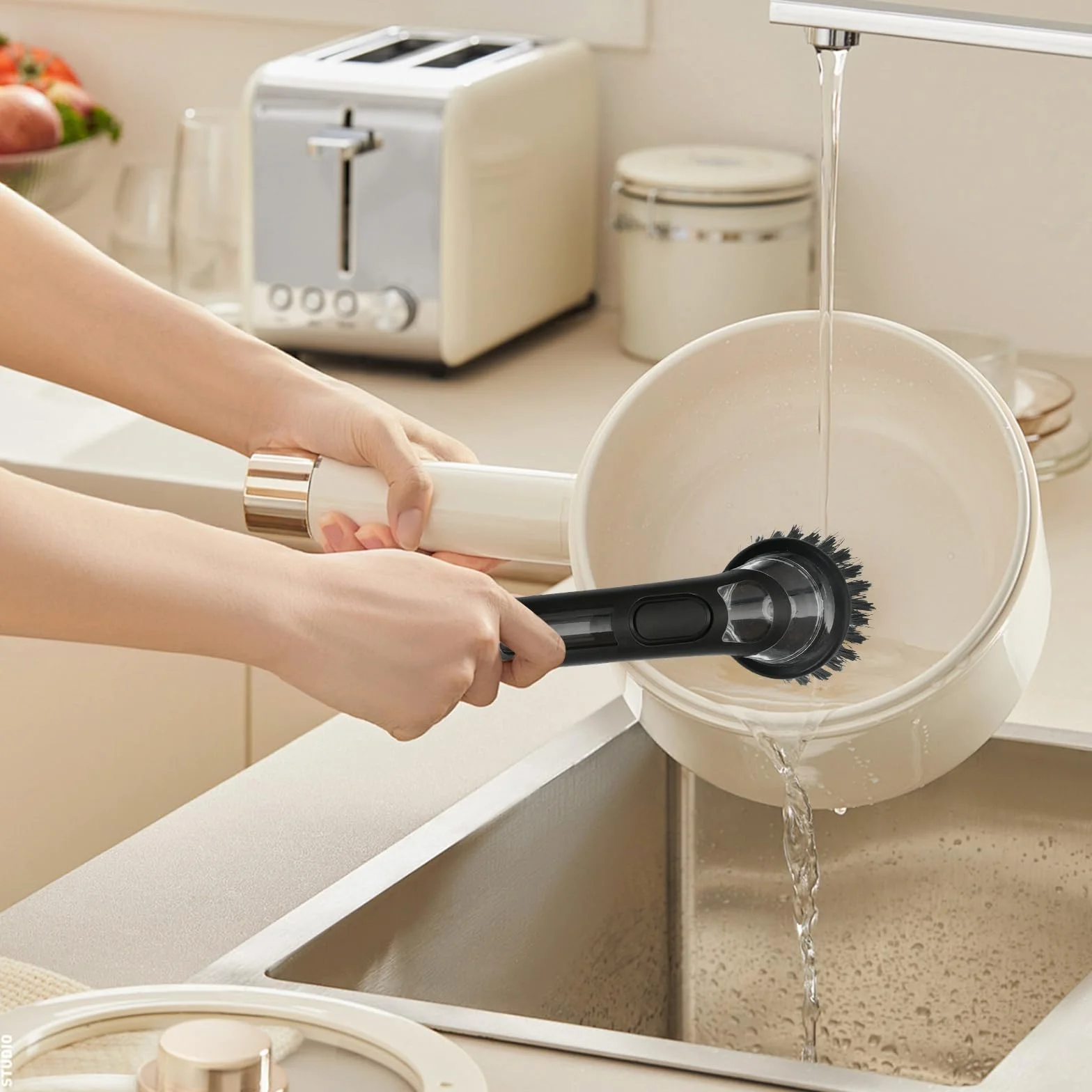 Spazzola Piatti Con Dispenser con 3 Testine Di Ricambio Spazzola per Piatti Setole Rigide Forte Rimozione Delle Macchie Spazzola Piatti Impugnatura Morbida Grigio
