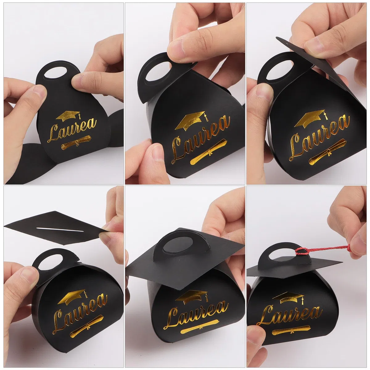 50pz Scatole Bomboniere Laurea Portaconfetti Con Cappello e 50pz Nappe Rosse Scatola Tocco Decorazione per Confetti Regalo Congratulazioni
