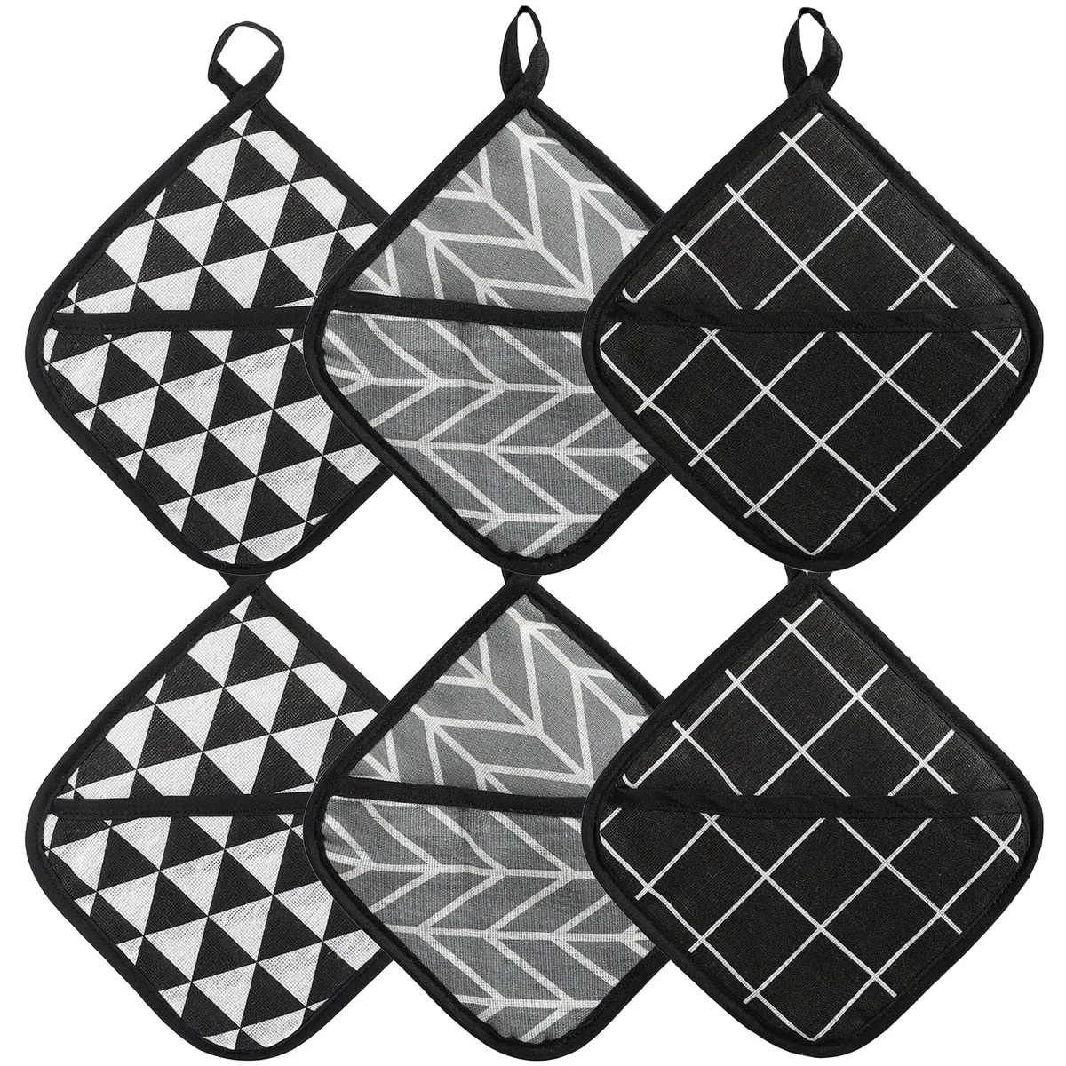 6 Pezzi Presine in Cotone 18 x 18 cm Presine da Cucina per Cottura con Anello per Appenderle Resistente al Calore Presine da Cucina Complet per Cucina Cottura al Forno Microonde