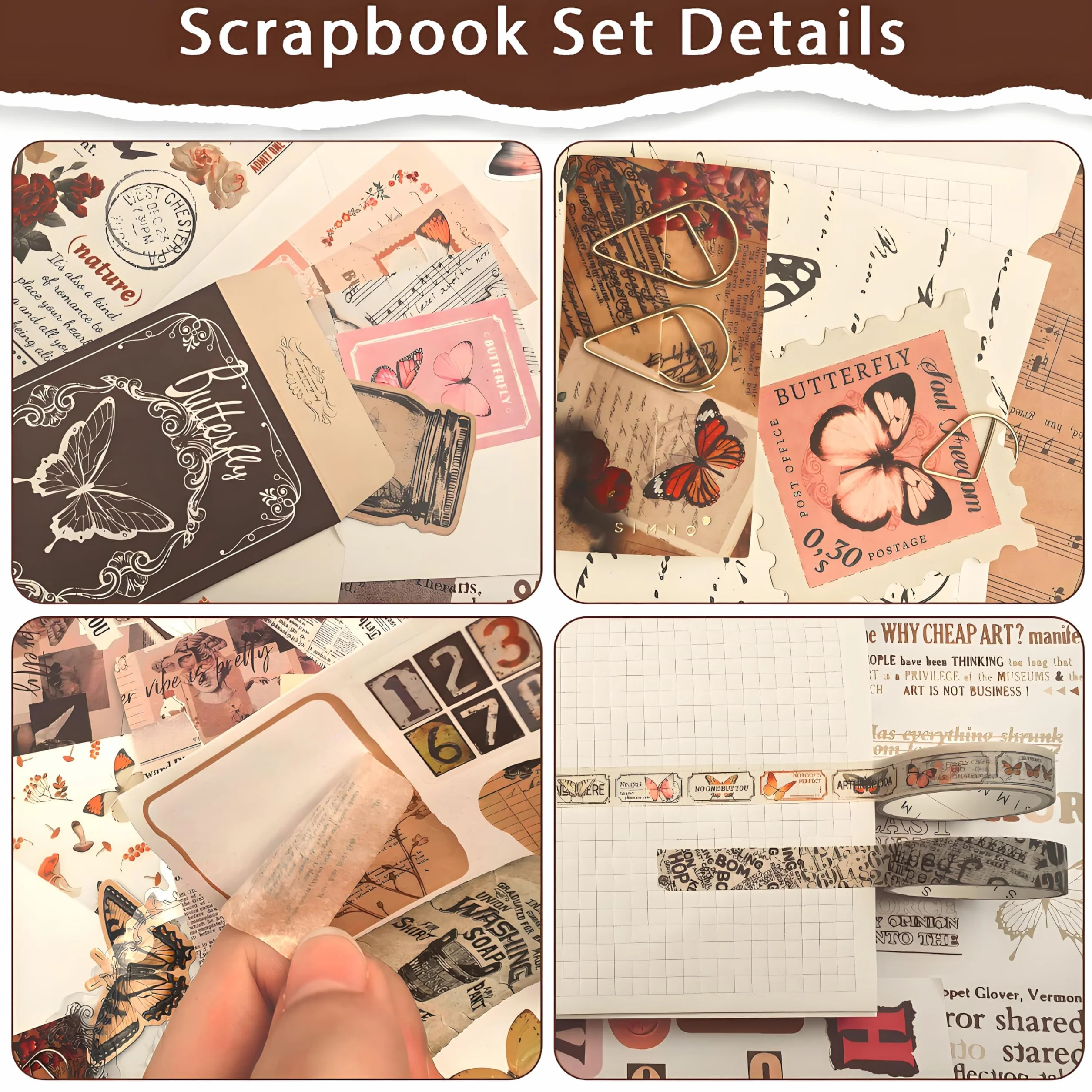 ROEOWENE 394pc Scrapbooking Kit Aesthetic DIY Scrapbooking Accessori Adesivi Vintage Sticker Journal Fai Da Te Junk Journaling Kit Regalo Compleanno per Donne Adolescenti-Farfalla Marrone