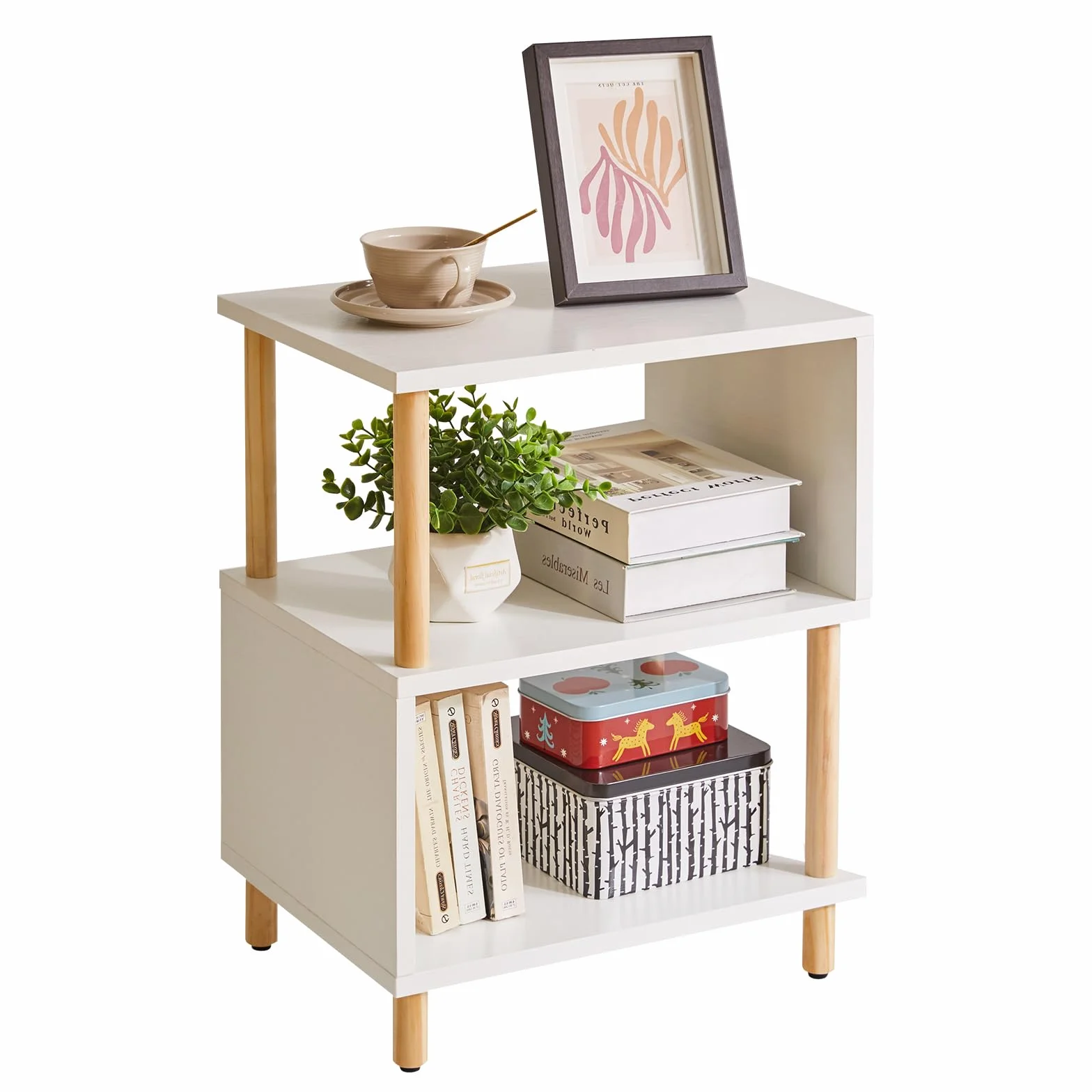 Aibiju Tavolino Bianco, Tavolino Piccolo, Comodino Moderno con contenitore per Camera da Letto/Soggiorno/Corridoio/Ufficio, Bianco+Gambe in Legno Naturale, YD-TM152W