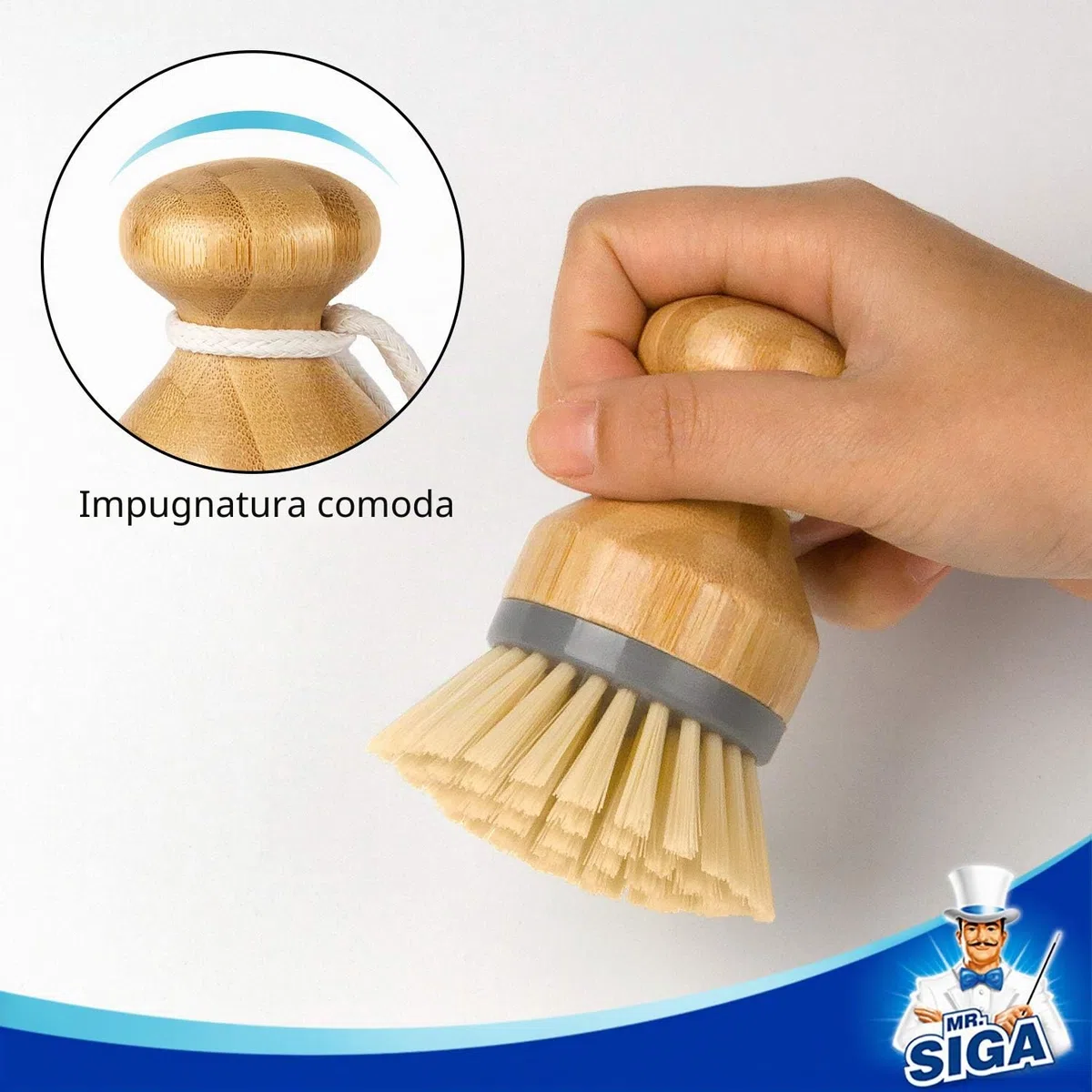 MR.SIGA Bamboo Palm Brush, Scrub Brush for Dish Pans Pins Kitchen Sink Cleaning, Confezione da 2
