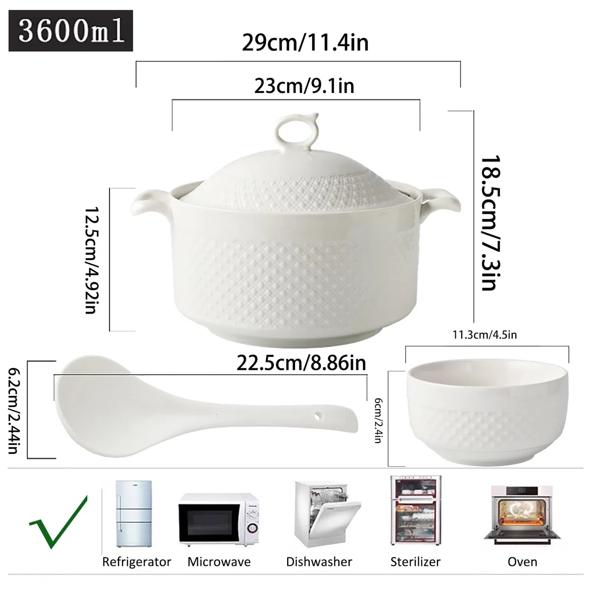 Zuppiera con Ciotole, Ciotola Zuppa in Porcellana con Coperchio e Mestolo Set di Stoviglie Bianche per la Cucina di Casa Ristorante,3.6l+6