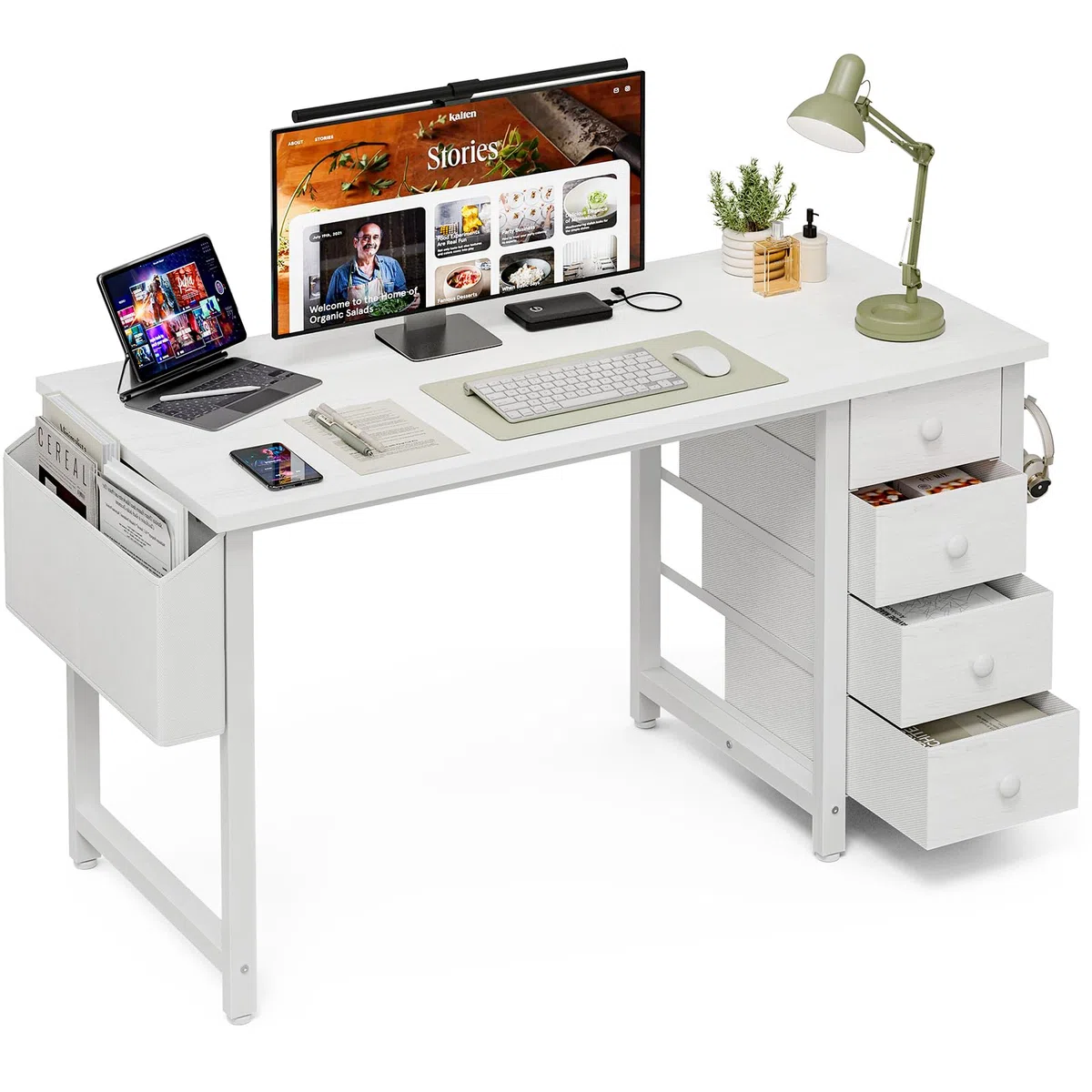 Grandder 120 cm Piccolo tavolo per computer con 4 cassetti in tessuto, scrivania reversibile per bambini, adolescenti, moderno tavolo da lavoro per camera da letto e stanze piccole, bianco