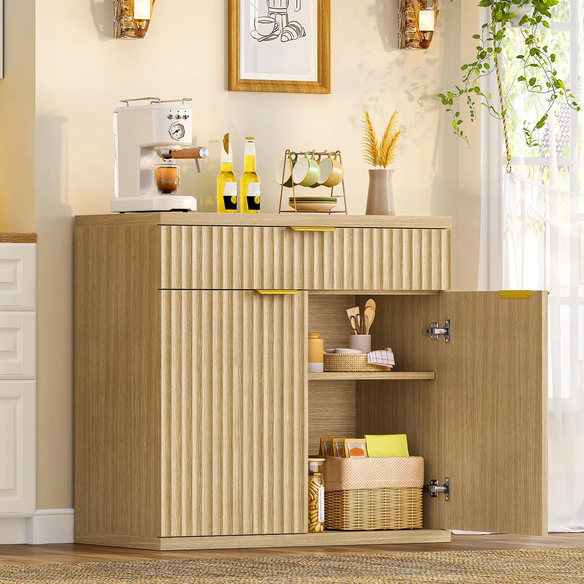 TEENFON Credenza Cucina Scanalata, Mobile con Cassetto e Ripiano Regolabile, Mobiletto Cucina in Legno Naturale con Maniglie Dorate, Credenza Soggiorno per cucina, soggiorno, ingresso-80x38x80cm