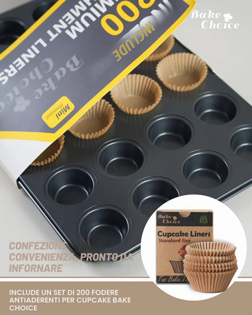 Bake Choice Inclusi 200 Pezzi Pirottini in Carta,Muffin Stampo Mini,Teglia Muffin 24,Rivestimento Antiaderente per Cupcake