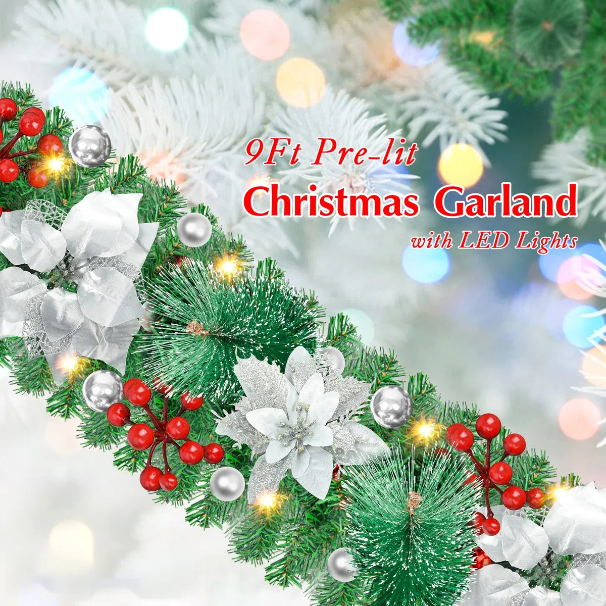 Ghirlanda di Natale Decorazioni, 2.7m Ghirlanda Natalizia con Luci a LED, Ghirlanda di Natale Artificiale, per Camini,Scale,Decorazioni dell'albero di Natale - D'argento