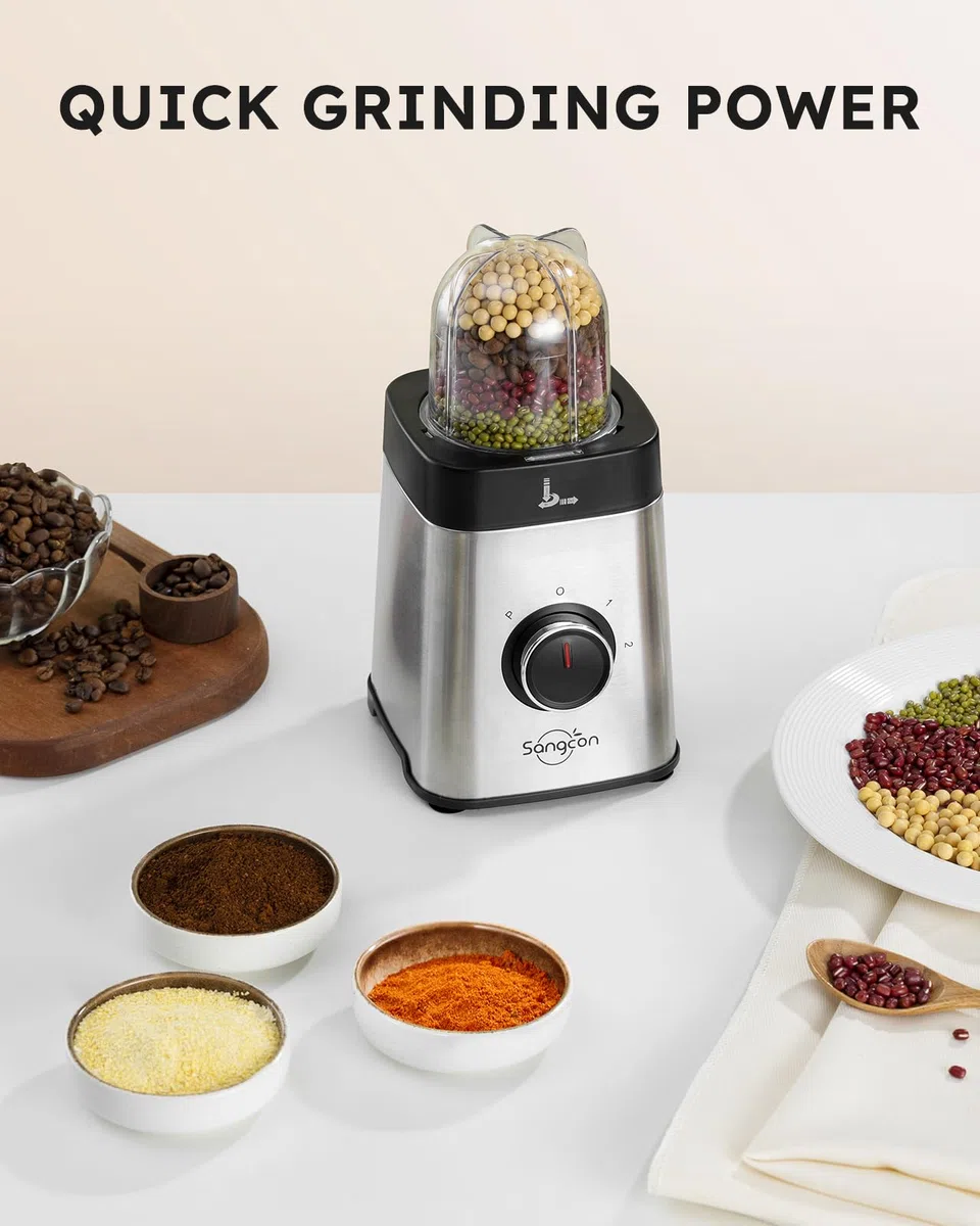 Sangcon Frullatori da Cucina e Robot da Cucina Combo, Frullatore 5 in 1 per Frullati e Carne Macinata, Controllo a 3 Velocità con Impulsi 500 W, con coperchio TO-Go, per Ghiaccio, Frutta, Carne