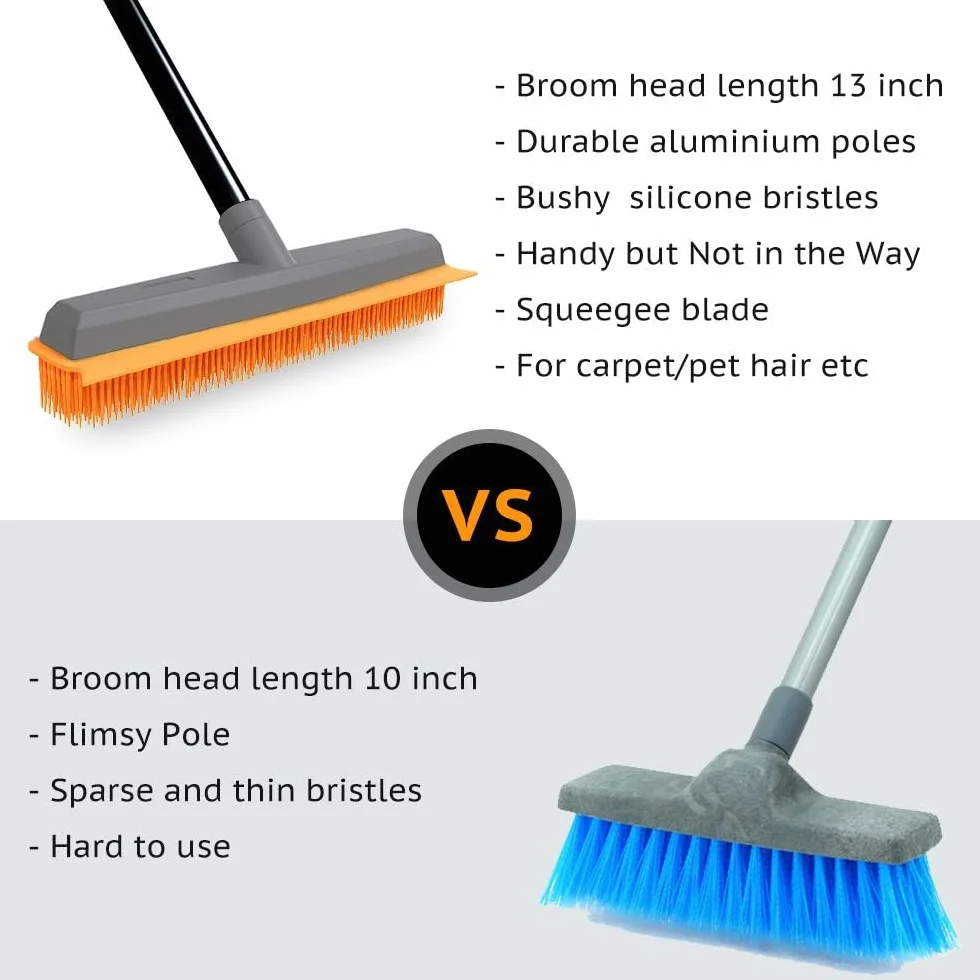 TreeLen Rubber Broom Carpet Rake Pet Hair Remover with Squeegee Extension for Carpet and Hardwood Floor Cleaning