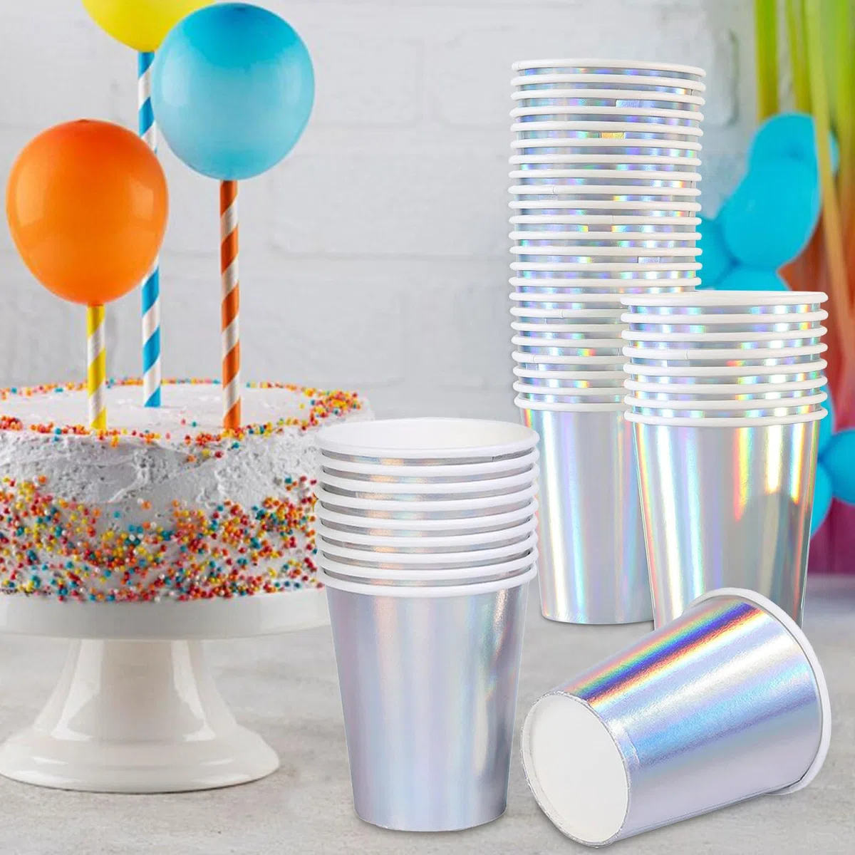 Bicchieri di carta colorati, 50 pezzi, 250 ml/9 oz, bicchieri di carta per bambini, bicchieri di carta, per matrimoni, feste, bicchieri di carta, in argento olografico, per compleanno
