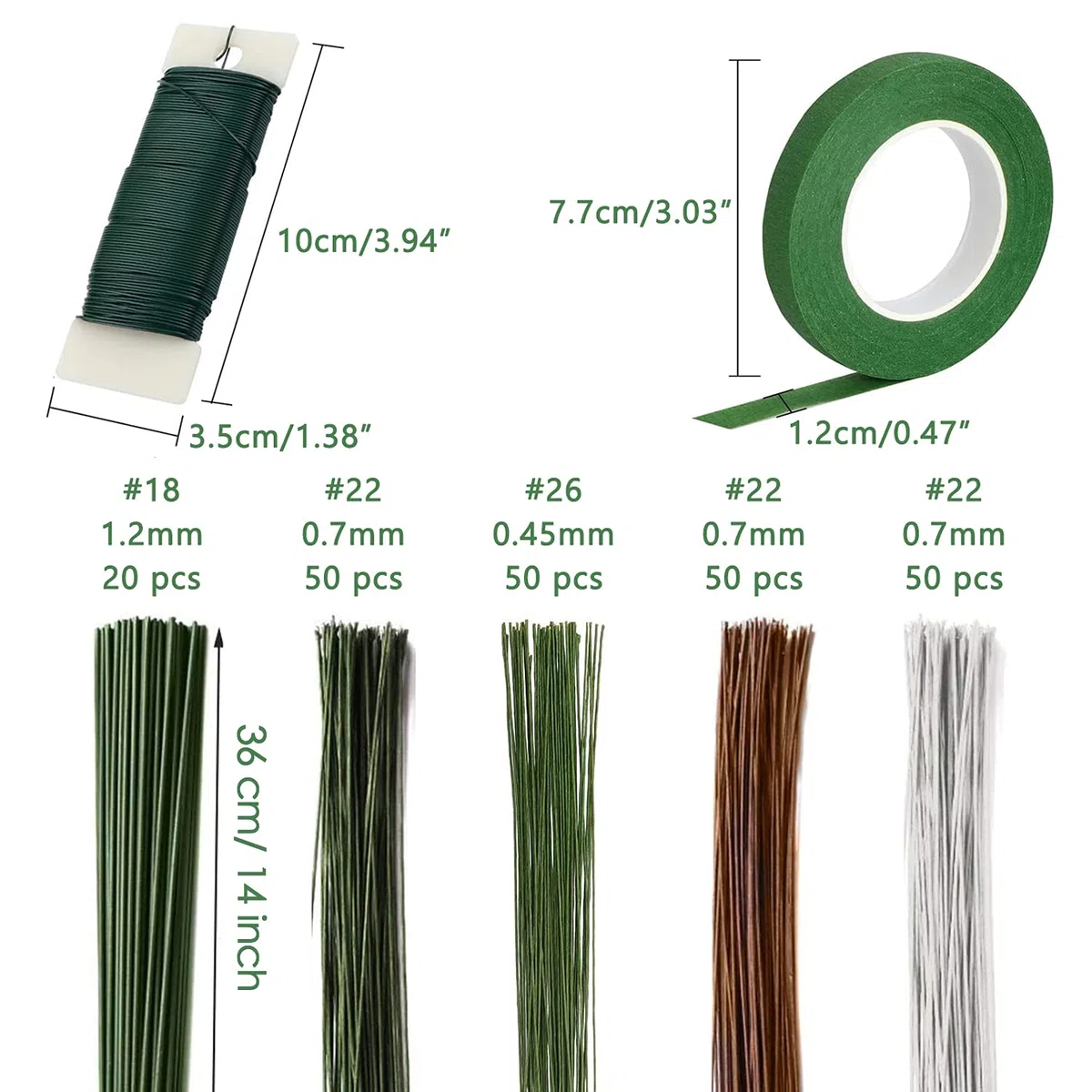 Kit di strumenti per composizioni floreali, set da 6 rotoli di fusto e 220 pezzi di filo floreale (18/22/26 gauge) per bouquet di fiori, imballaggio e fai da te