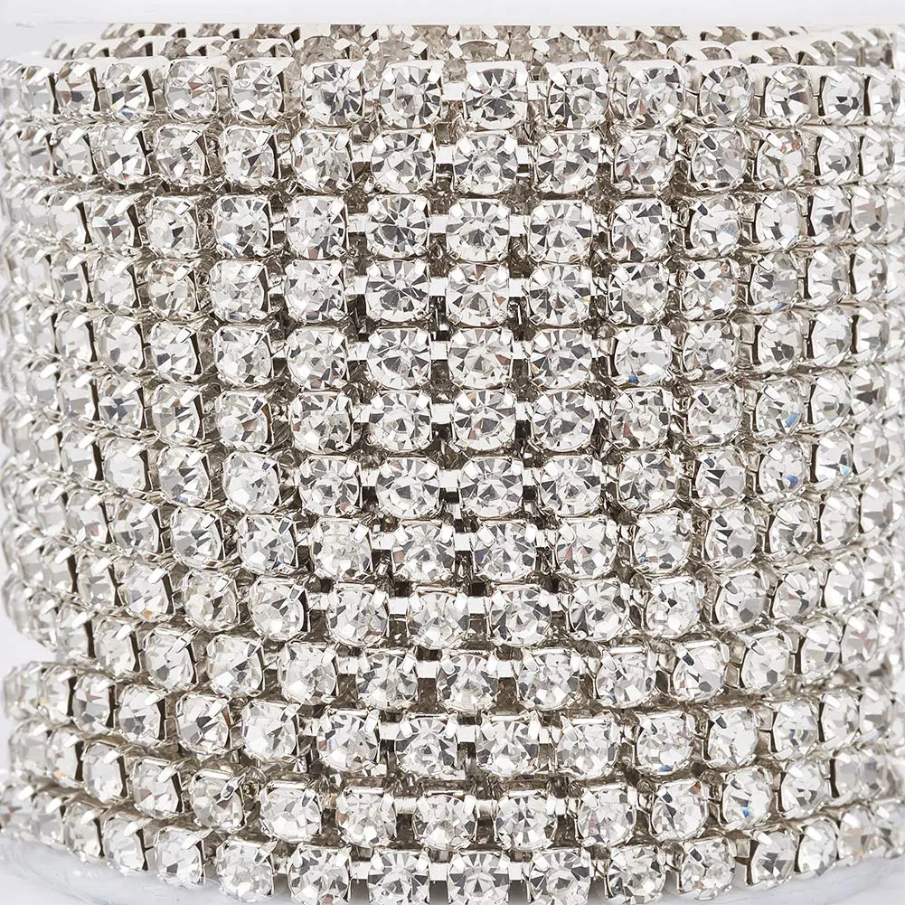 Craftdady 10 Iarde (9,14 m) Catene in Ottone con Strass 4mm Cristallo Trasparente Rifinitura Catena a Griffe per Cucito Frangia Creazione Gioielli Diamante, Fondo Argento
