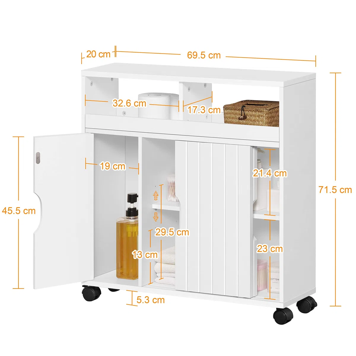 Yaheetech Mobile da Bagno con Ruote Armadietto da Terra con Ante Scorrevole Mobiletto in Legno con Ripiani Multilivello 20 x 70 x 72 cm Armadio Portaoggetti Bianco