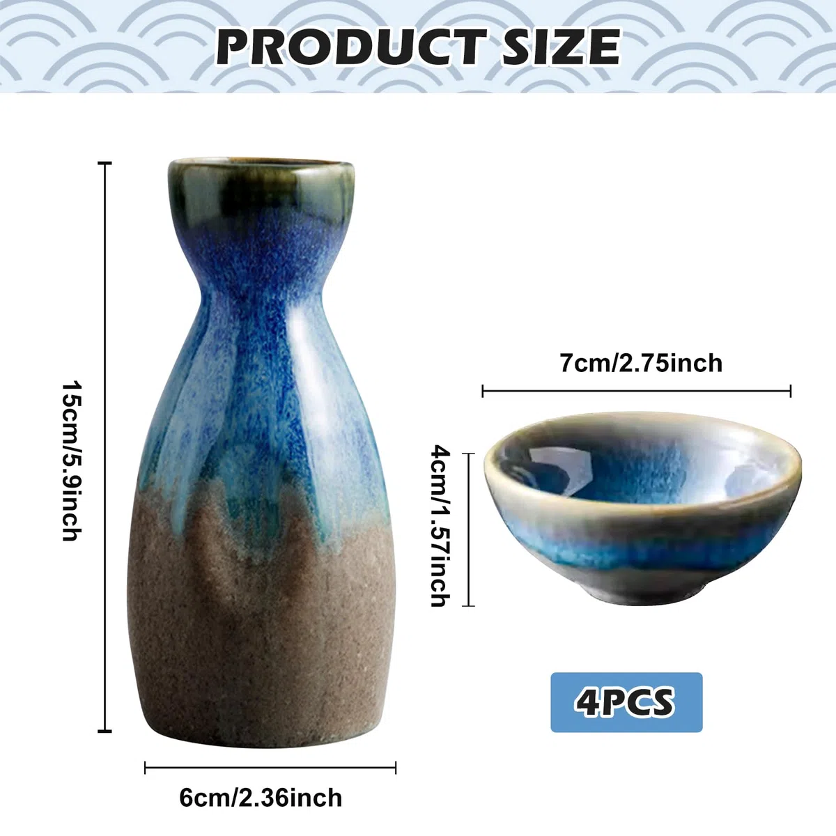 Set per sakè, 4 tazze da sakè da 100 ml, 1 pentola da sakè da 300 ml, set per sakè in ceramica giapponese, pentola per sakè in ceramica, bottiglia di sakè in ceramica giapponese, set per liquore sakè