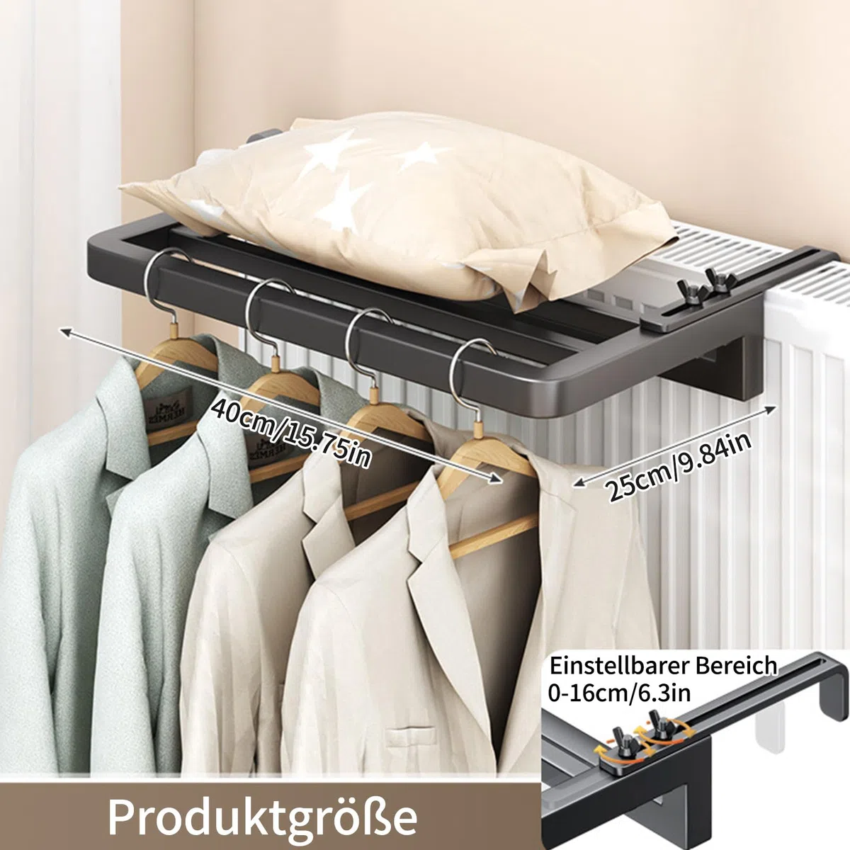 Stendibiancheria per radiatore, asciugatrice per radiatore 40-80 CM, stendibiancheria a 3 aste per montaggio a parete con bracci telescopici regolabili, stendibiancheria, asta appendiabiti per