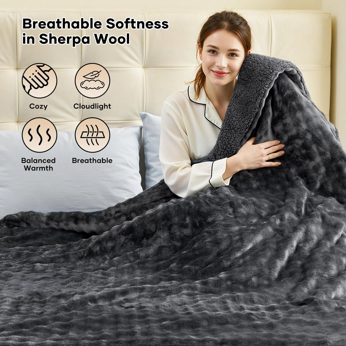Coperta Elettrica Riscaldante 150x200cm, Motivo a Bolle 3D, Peluche Soft e Sherpa Rinforzato, 6 Livelli di Calore, Timer 1-10H, Coperta Elettrica Doppia per Letto Divano Ufficio, Lavabile, Grigio