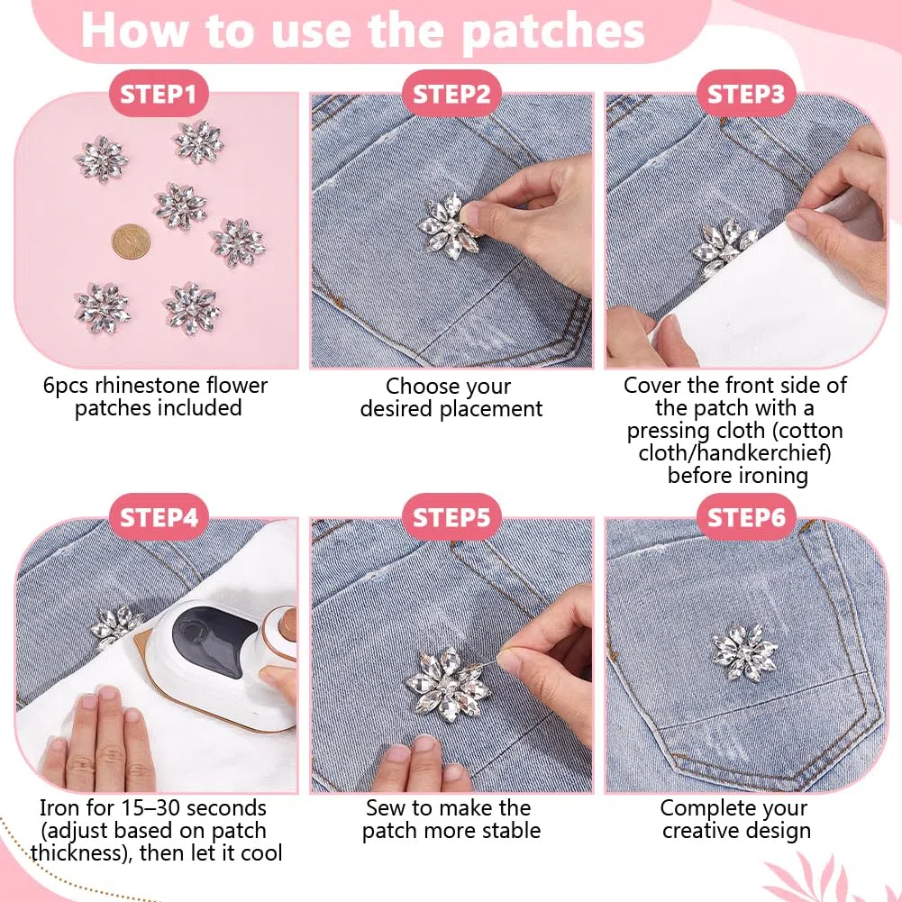 FINGERINSPIRE 6 Pz Applique con Strass Hotfix a Forma di Fiore 38x38mm Cabochon in Strass Trasparenti Platino Toppe da Stirare/Cucire Toppe di Cristallo a Forma di Fiore per Abiti da Sposa da Sposa