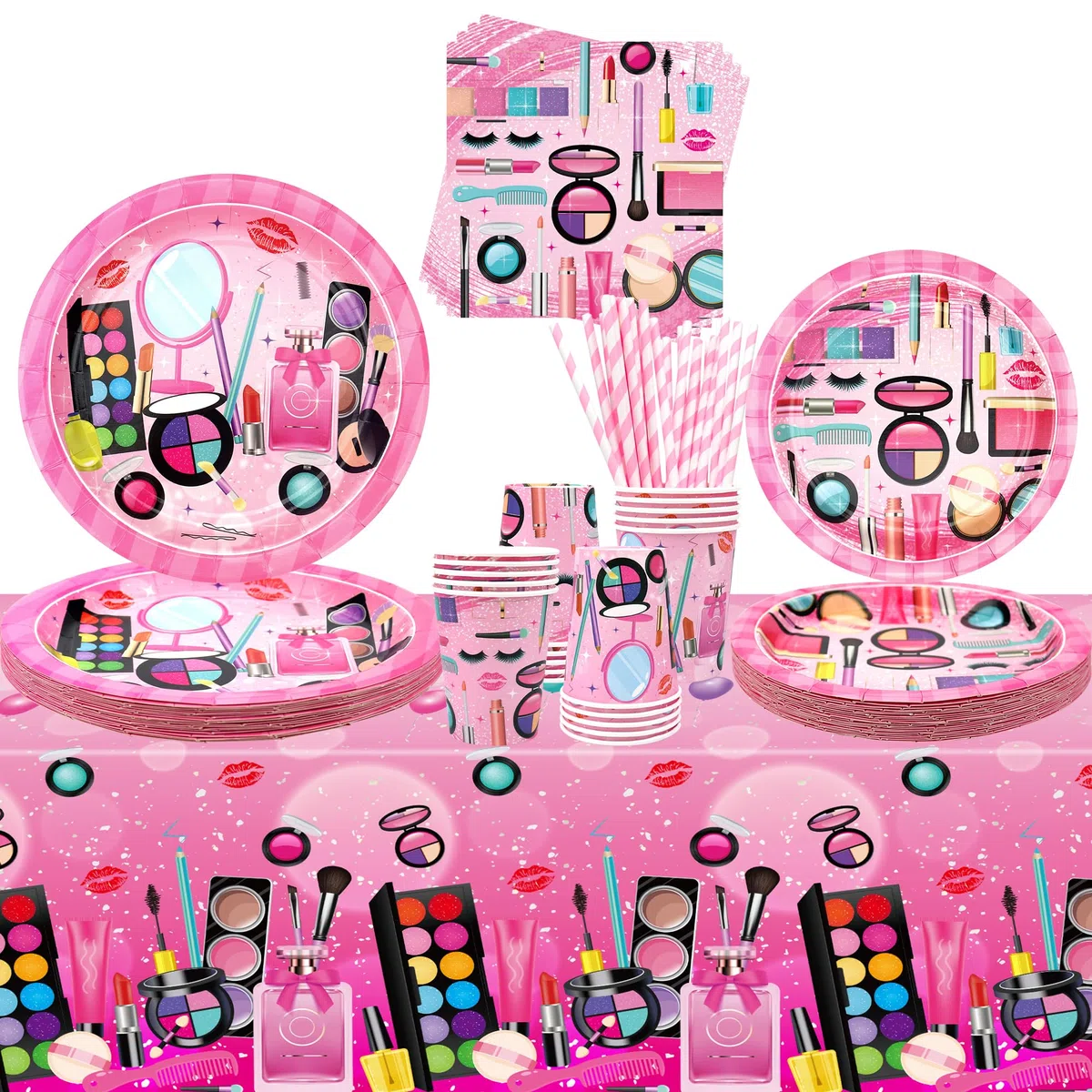 Forniture per feste termali, per 20 persone, stoviglie per feste a tema trucco – piatti da dessert, piatti, tazze, asciugamani, tovaglia da trucco spa per ragazze e donne, decorazione