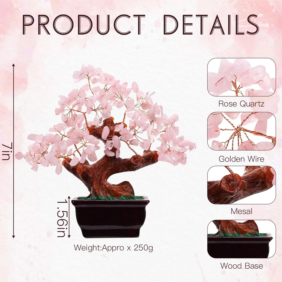 Parma77 Feng Shui - Albero dei soldi in cristallo di quarzo rosa naturale, albero di cristallo curativo, decorazione in stile bonsai, per ricchezza e fortuna, decorazione per la casa, regali per donne