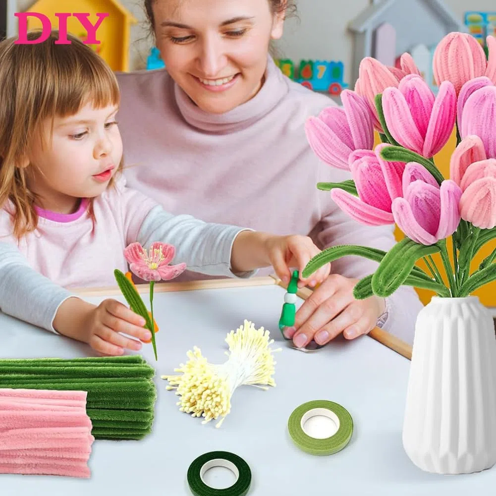 Pulitori per Pipe Rosa Set di Pulitore per Pipe Fiori per Fai da Te con Bastoncini di Fiori Rotoli di Nastro Stick di Colla Confezioni di Bouquet Nastri Stami