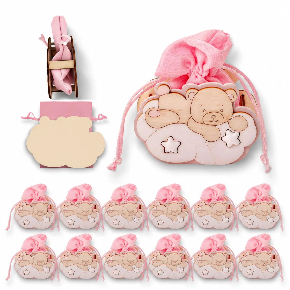 Sacchetto Sacchettini Sacchetti per Confetti Bomboniere Battesimo Bambina Ragazzo Portaconfetti Comunione 12 Pieces (Rosa Pastello, Orsetto Sulle Nuvole)
