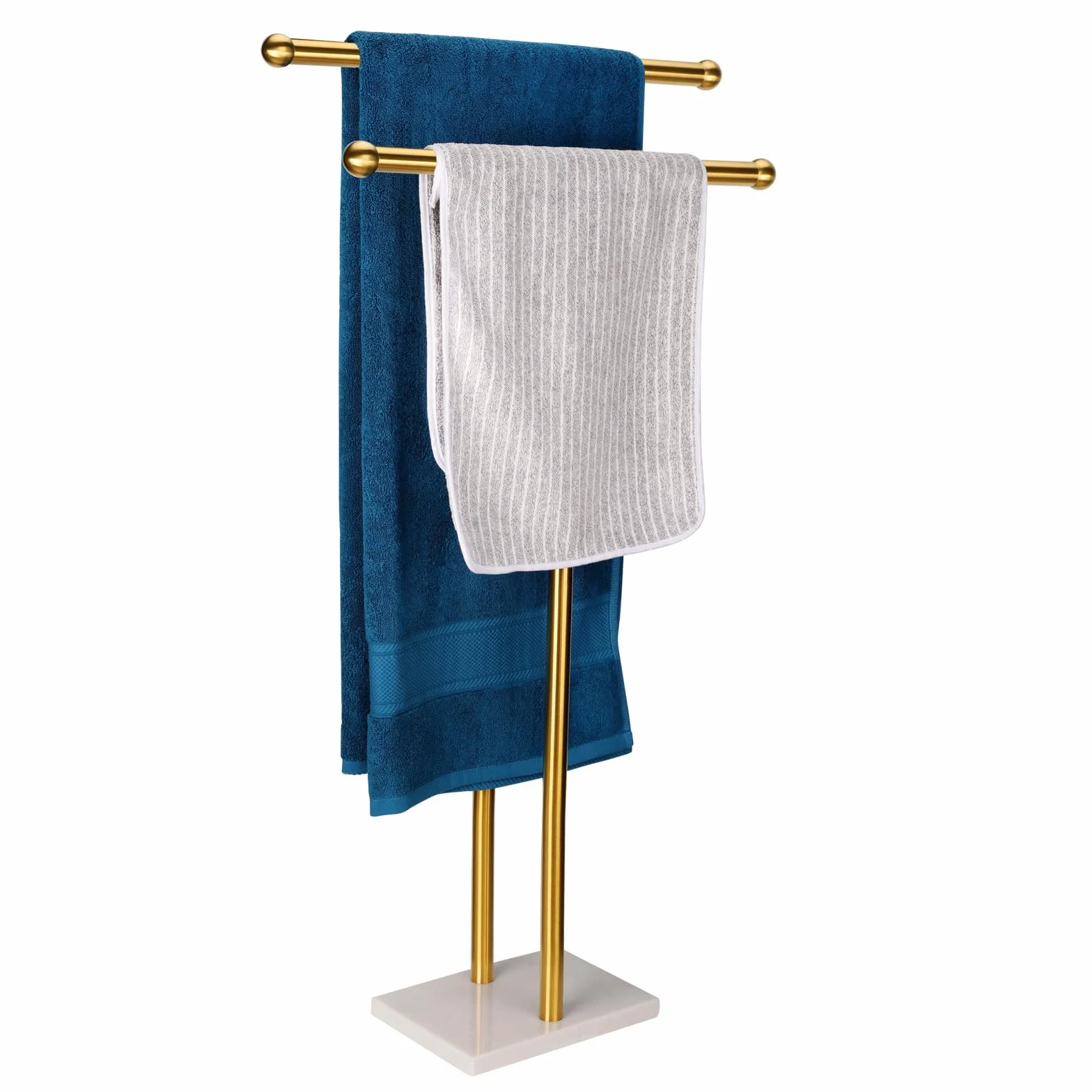 WAYDELI Portasciugamani in piedi a forma di doppia T, alto porta asciugamani da bagno, con base di design in marmo, per bagno, a 2 ripiani, in acciaio inox (oro spazzolato)
