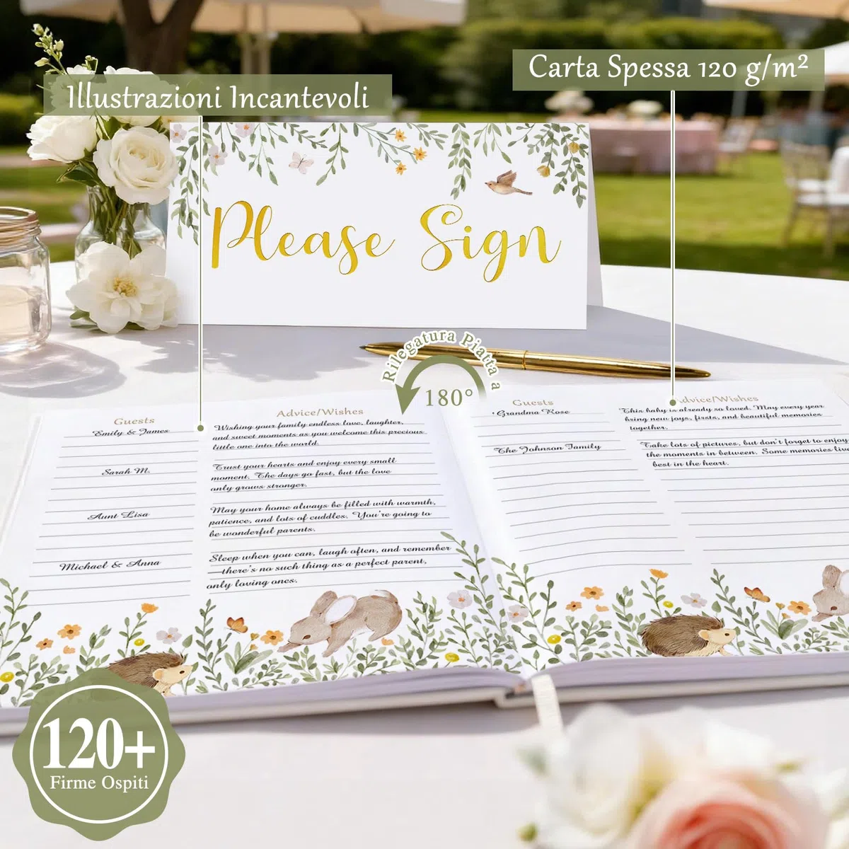 Lanpn Libro degli Ospiti per Baby Shower & Gender Reveal, Baby Shower Guest Book, Tema Neutro Animali Bosco, Album Ricordi con Messaggi, Auguri e Foto per Futuri Genitori, Inglese, 114 Pagine