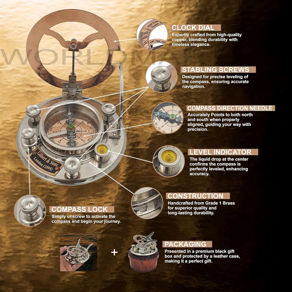 Bussola con meridiana in ottone anticato e rame, orologio con meridiana in scatola regalo, replica orologio da sole, orologio con bussola e meridiana, regalo per lui o per lei