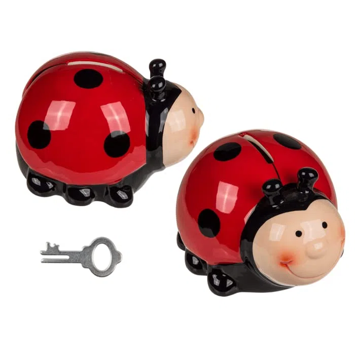 Salvadanaio in ceramica a forma di coccinella con coperchio e chiave, Rosso, 11.5 x 9.5 cm, 245 grammi, Bambini e adulti che apprezzano oggetti decorativi e divertenti