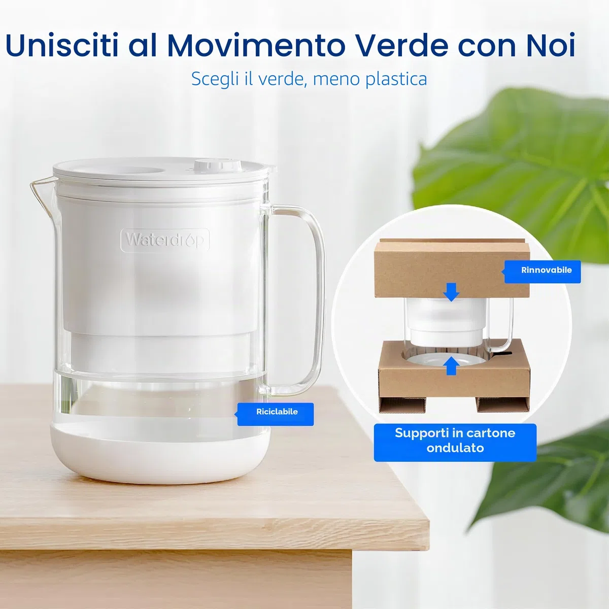 Waterdrop Caraffa Filtrante per Acqua, 2,5L, con Filtro da 2 Mesi, Certificata NSF 53 & 42 & 372, Riduce PFOA/PFOS, Cloro, Cadmio, Rame, Mercurio, WD-PT-72W