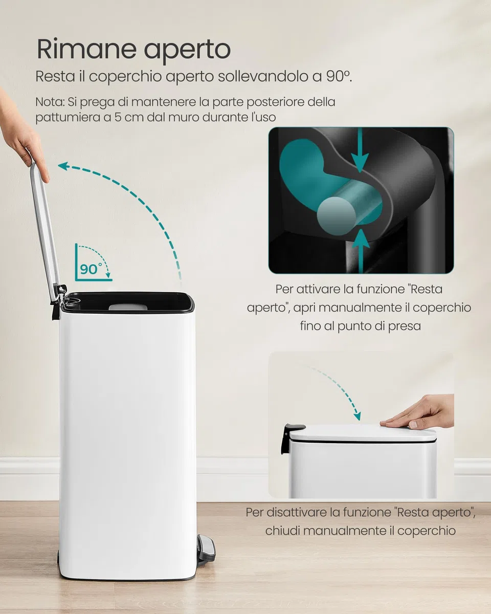SONGMICS Pattumiera da Cucina, Cestino da 30 L, Cestino a Pedale in Acciaio, con Secchio Interno, Chiusura Morbida e Resta Aperto, Bianco Nuvola LTB593W02