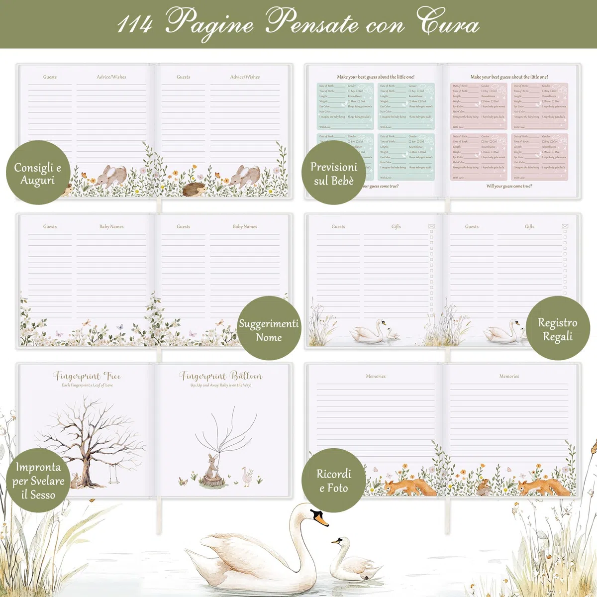 Lanpn Libro degli Ospiti per Baby Shower & Gender Reveal, Baby Shower Guest Book, Tema Neutro Animali Bosco, Album Ricordi con Messaggi, Auguri e Foto per Futuri Genitori, Inglese, 114 Pagine