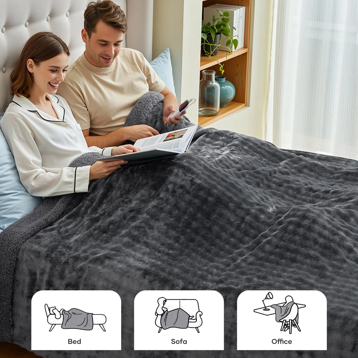 Coperta Elettrica Riscaldante 150x200cm, Motivo a Bolle 3D, Peluche Soft e Sherpa Rinforzato, 6 Livelli di Calore, Timer 1-10H, Coperta Elettrica Doppia per Letto Divano Ufficio, Lavabile, Grigio