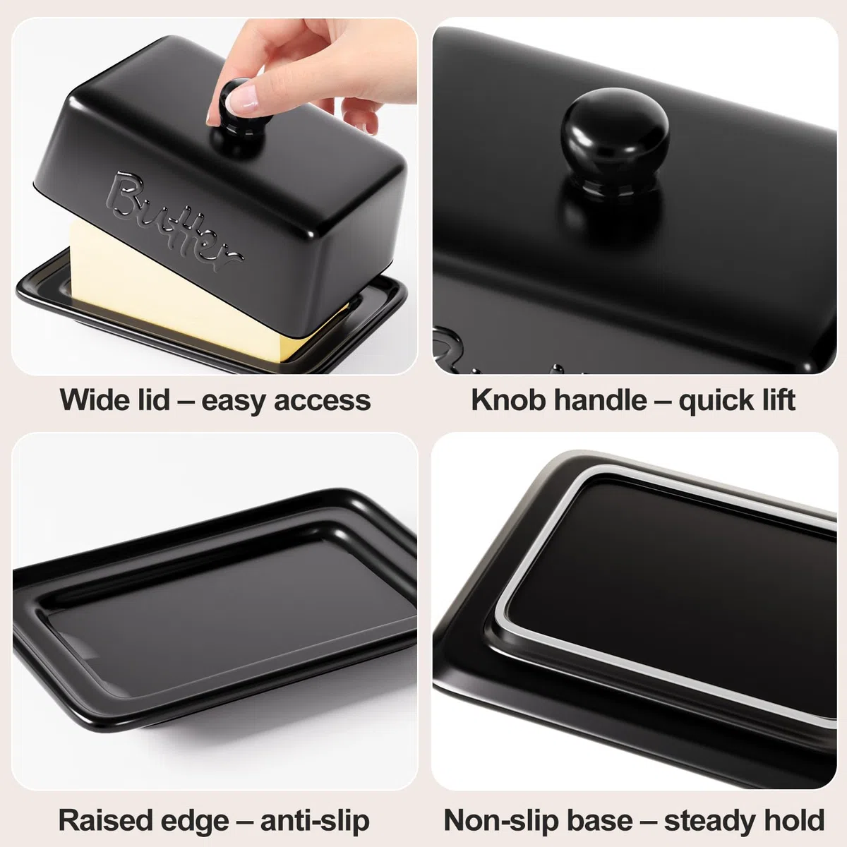 Portaburro in Ceramica con Coperchio, Contenitore Burro da 500g e 250g, Burriera da Frigo Grande, Porta Burro in Porcellana Lavabile in Lavastoviglie, Design Moderno Cucina, Nero