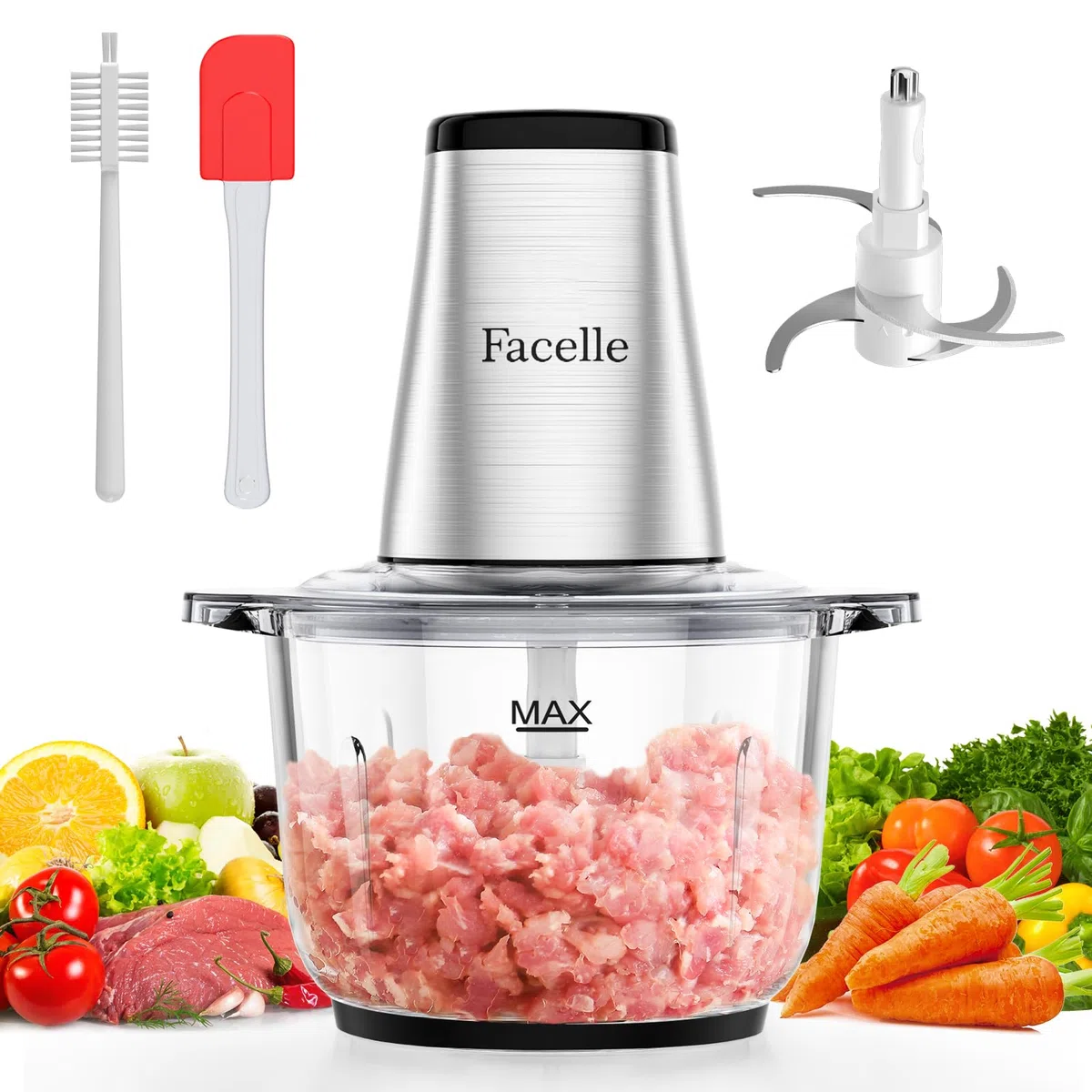 Tritatutto da Cucina Elettrico, Facelle Frullatore Tritatutto Multifunzione, 500W Mixer Cucina da 2 Litri, Robot da Cucina per Verdure, per Carne/Verdura/Frutta/Noci/Cibo per Bambini