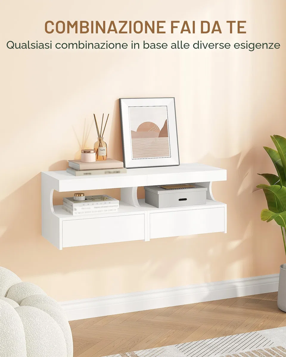 Hzuaneri Comodino Sospeso Set di 2, 1 Cassetto con Guide, Spazio Aperto a Forma di U, Moderno, per Camera da Letto Soggiorno, 30 x 40 x 29,2 cm, Bianco NS50203X